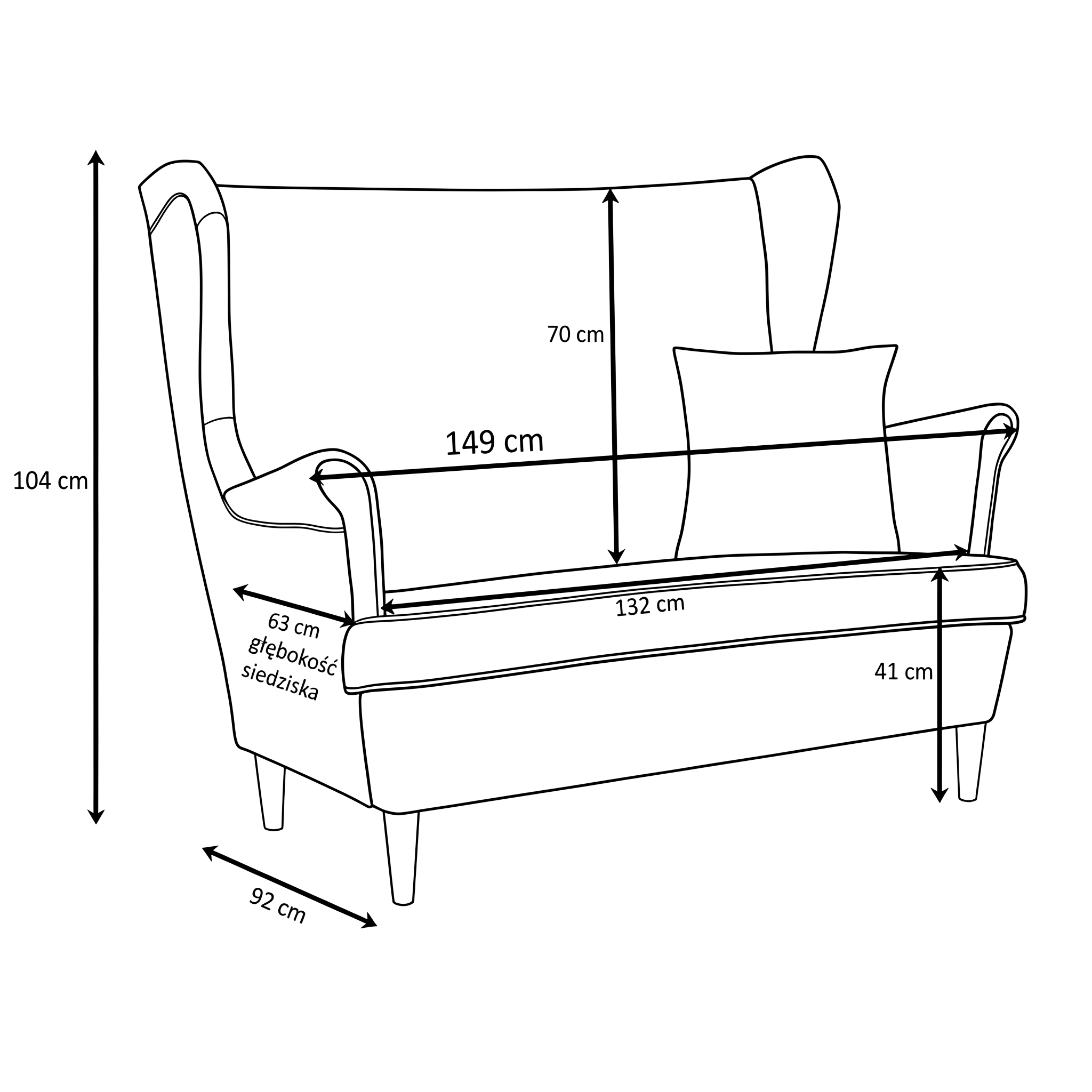 Sofa Kanapa Uszak Skandynawska granat kobaltowa welurowa Diana Family Meble — wymiary