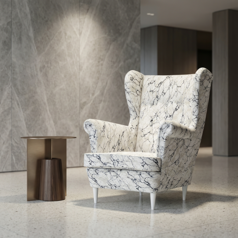 Fotel uszak skandynawski biały marmur wzór carrara Design Family Meble — komfort