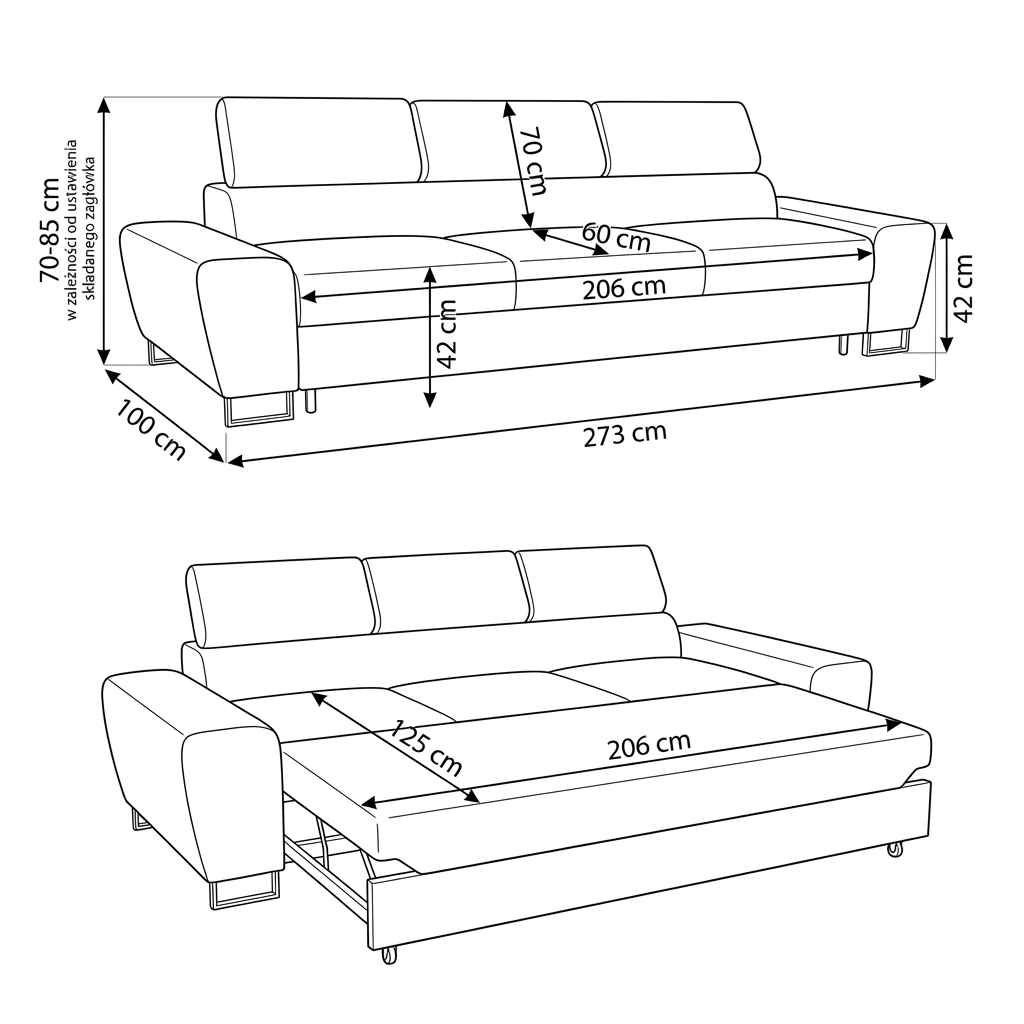 Kanapa sofa rozkładana f spania reg zagłówek welur czarny Savio Family — wymiary
