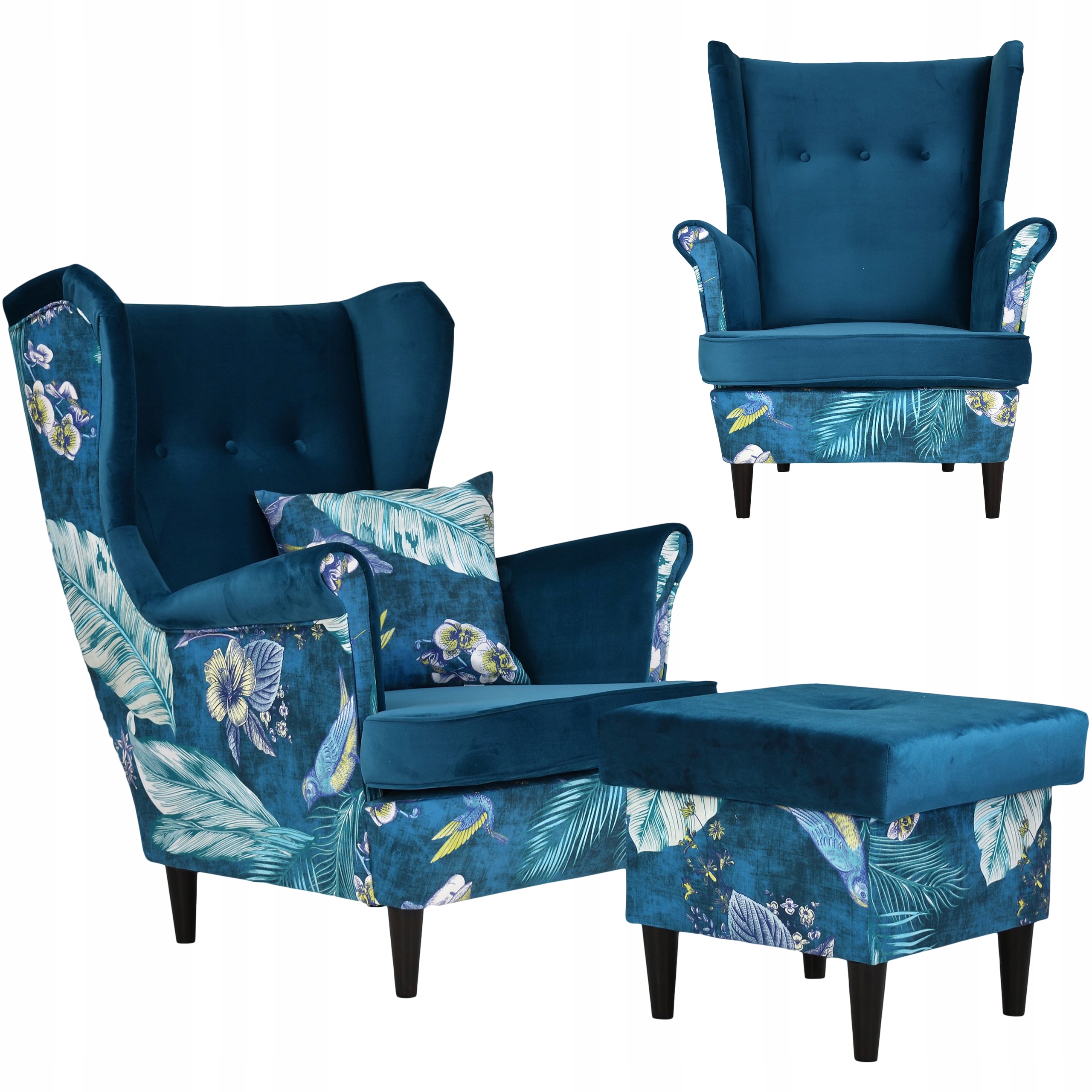 Fotel uszak Ari Print Duo z podnóżkiem, skandynawski Family Meble pufa