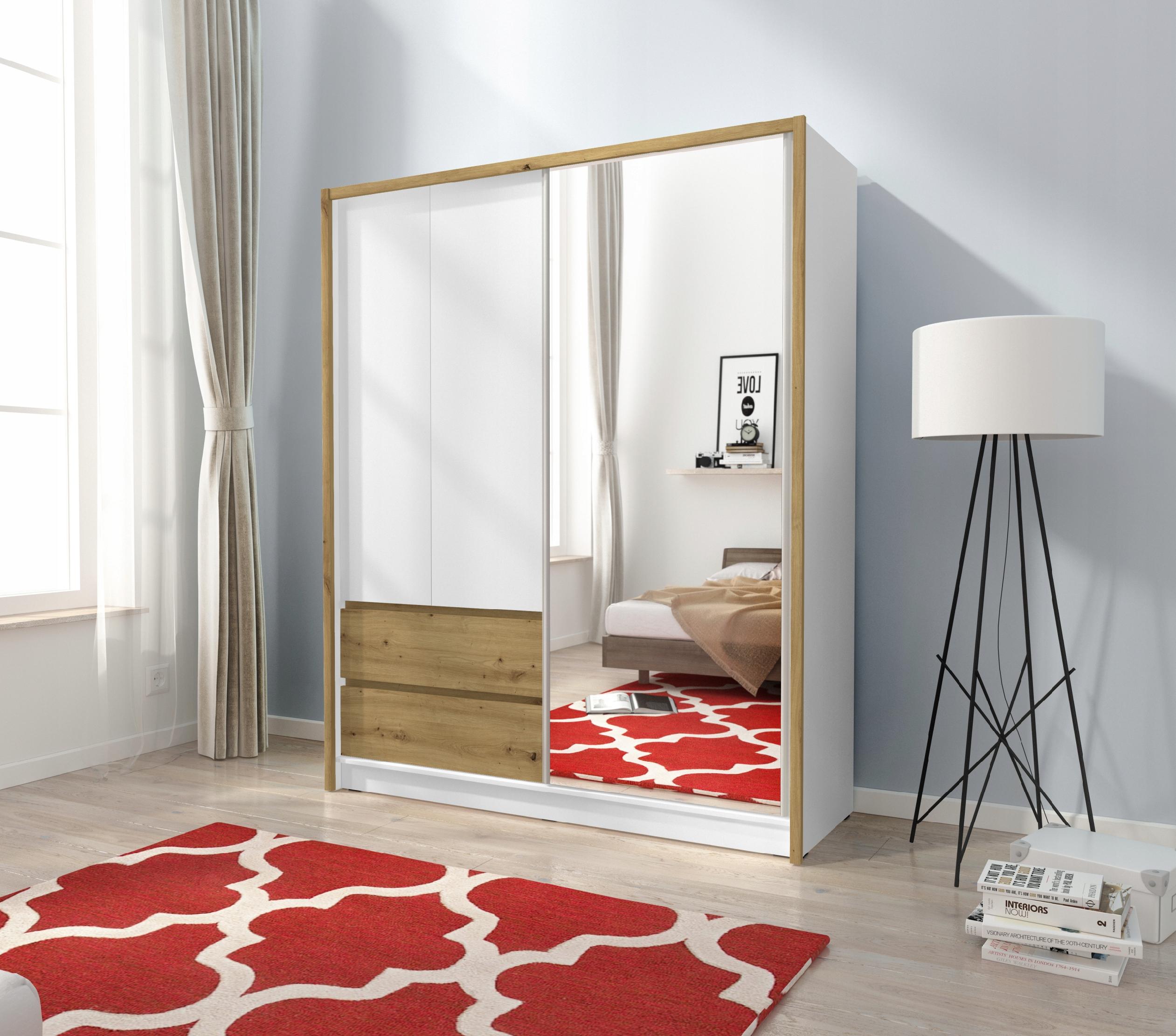 SZAFA GARDEROBA PRZESUWNA LILIA BIAŁA ARTISAN 150CM DUŻA DRĄŻEK LUSTRO