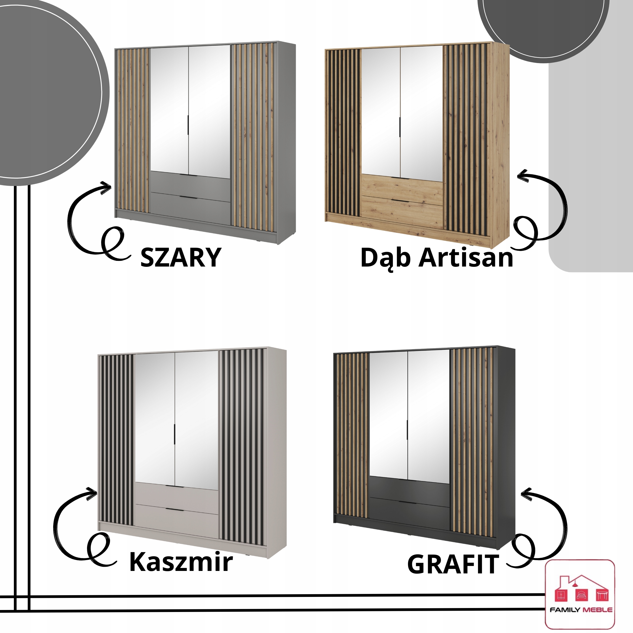 SZAFA GARDEROBA SOREN 4D KASZMIR 200CM OTWIERANA DUŻA PÓŁKI DRĄŻEK LUSTRO