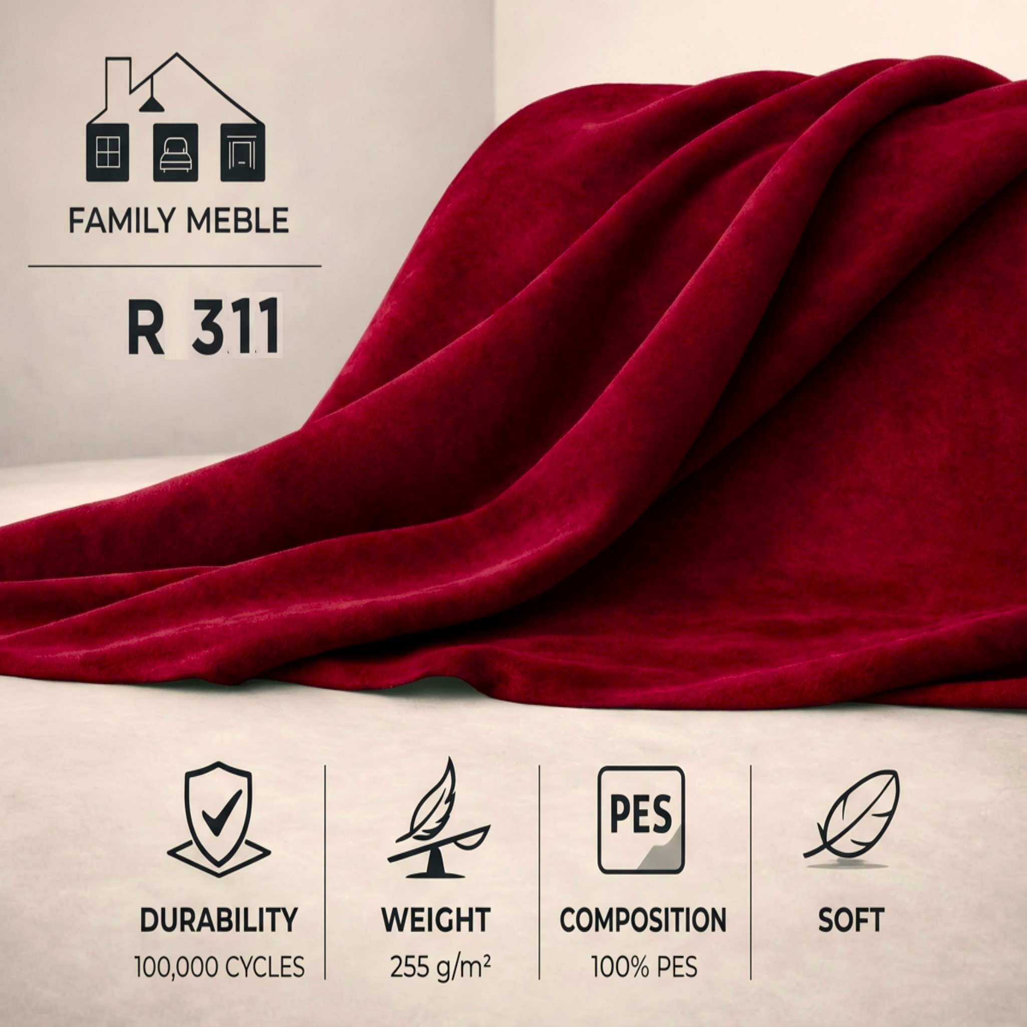 Zestaw wypoczynkowy sofa 3 kanapa fotele czerwony welur Kimo Family Meble — tkanina