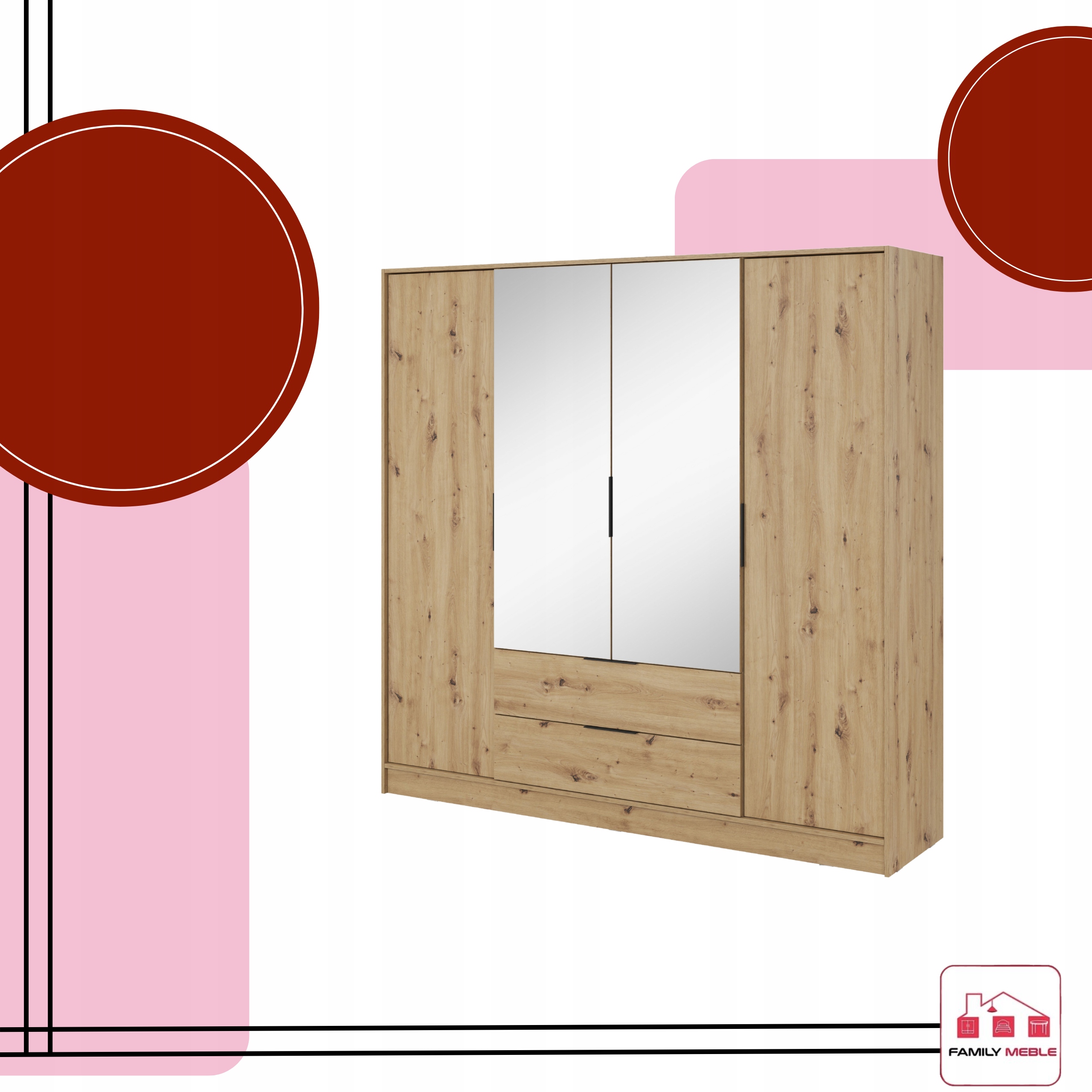 SZAFA GARDEROBA LUSTRO LIVIA 4DL OTWIERANA DĄB ARTISAN DUŻA SZUFLADY drążek