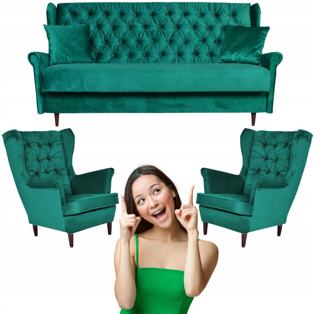 ZIELONY zestaw wypoczynkowy USZAK wersalka 2 fotele Gaja Family Meble