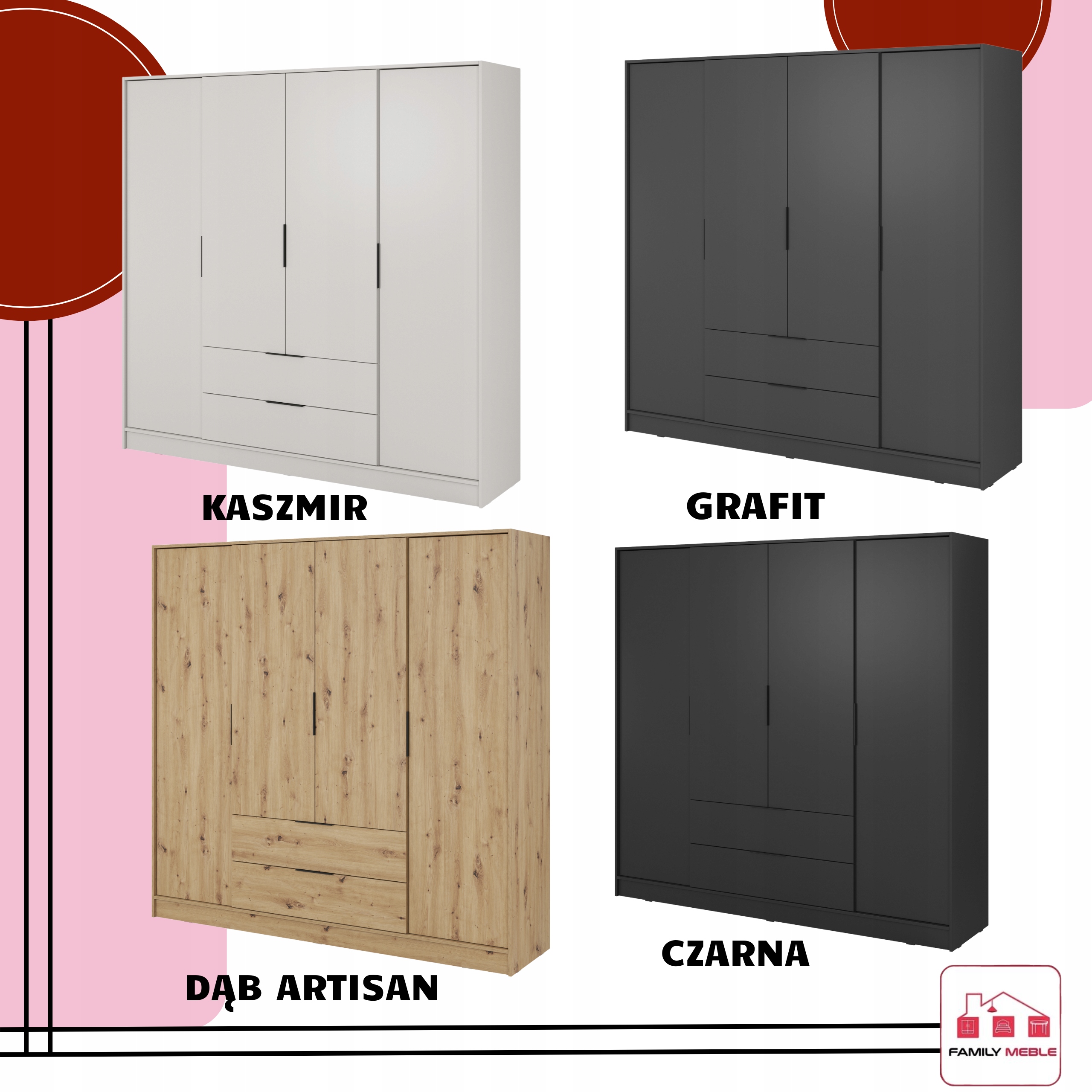 SZAFA GARDEROBA LIVIA 4D OTWIERANA KASZMIR DUŻA NA UBRANIA SZUFLADY drążek