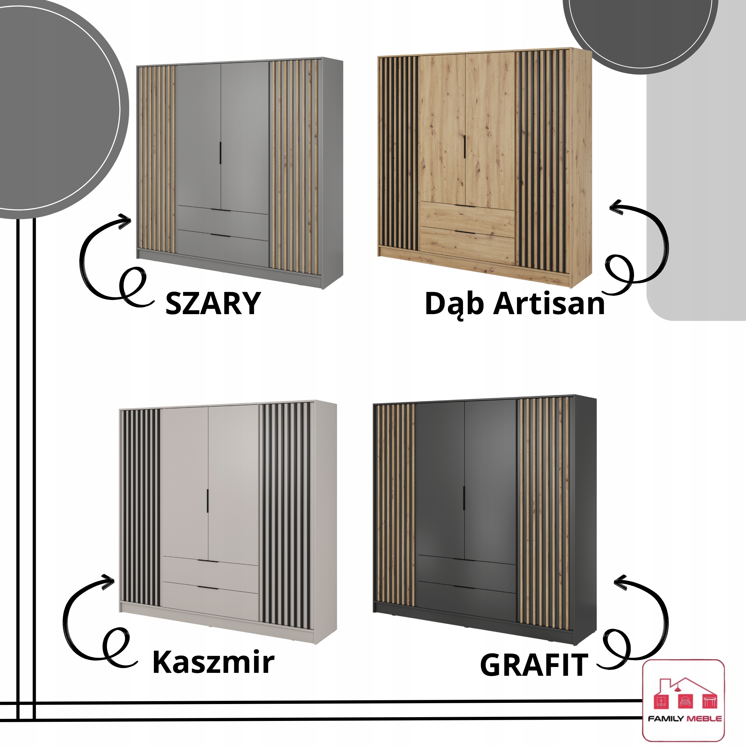 SZAFA GARDEROBA SOREN 4D KASZMIR 200CM OTWIERANA DUŻA PÓŁKI DRĄŻEK LAMELE