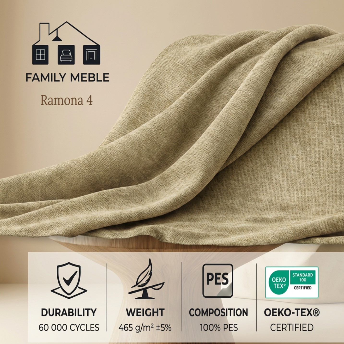 Fotel uszak skandynawski podnóżkiem pufą szenil beżowy Ramona Family Meble — tkanina