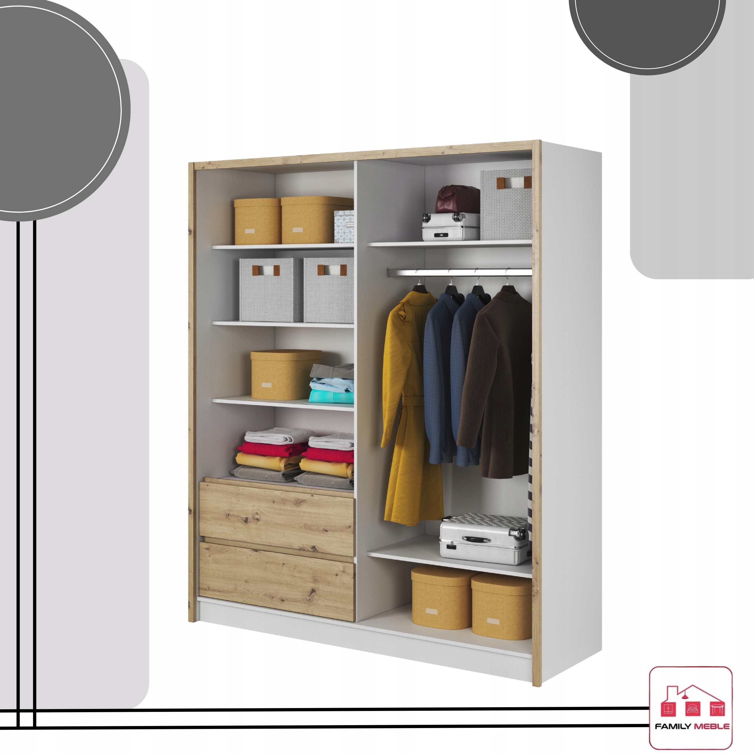 SZAFA GARDEROBA PRZESUWNA LILIA BIAŁA ARTISAN 180CM DUŻA DRĄŻEK LUSTRO