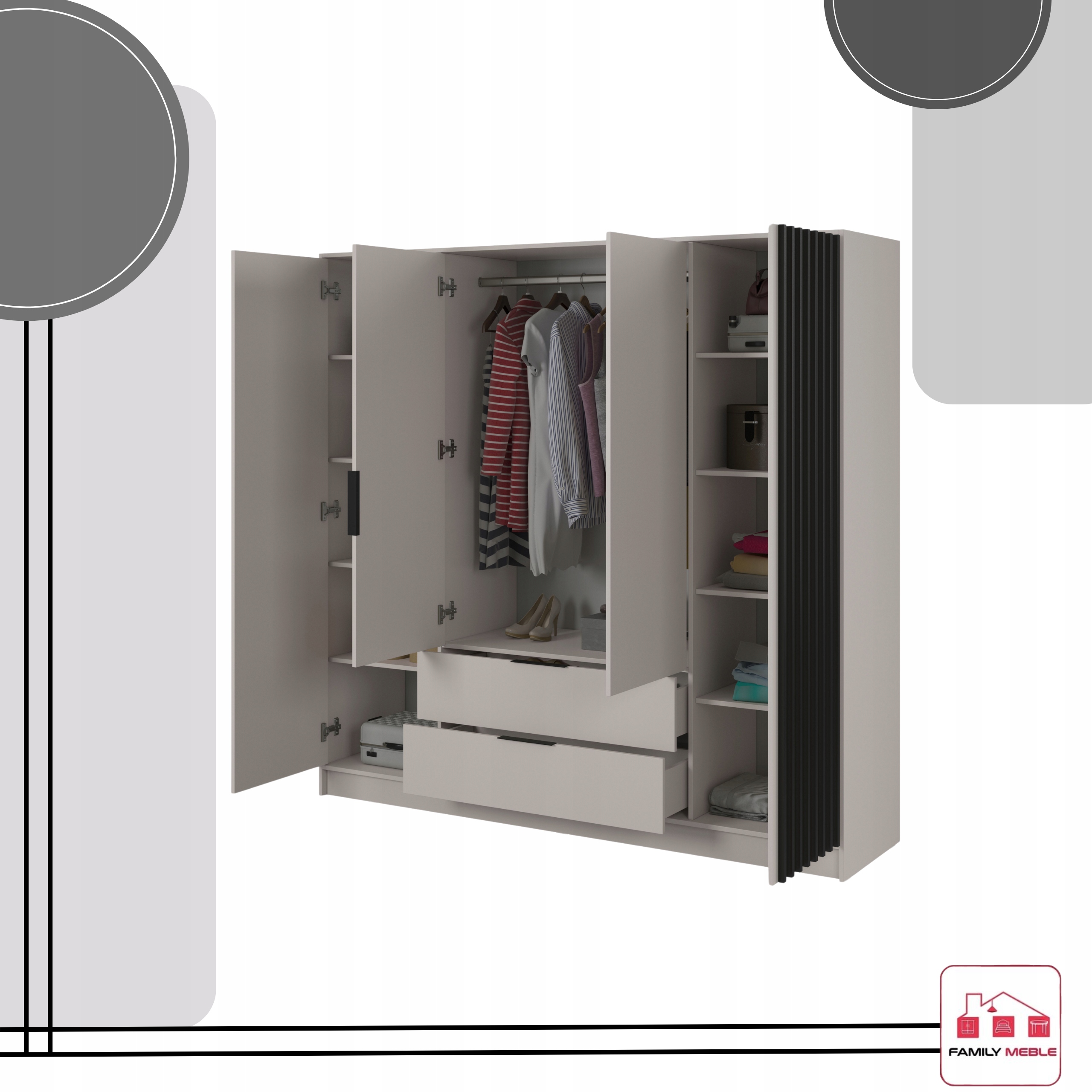 SZAFA GARDEROBA SOREN 4D KASZMIR 200CM OTWIERANA DUŻA PÓŁKI DRĄŻEK LAMELE