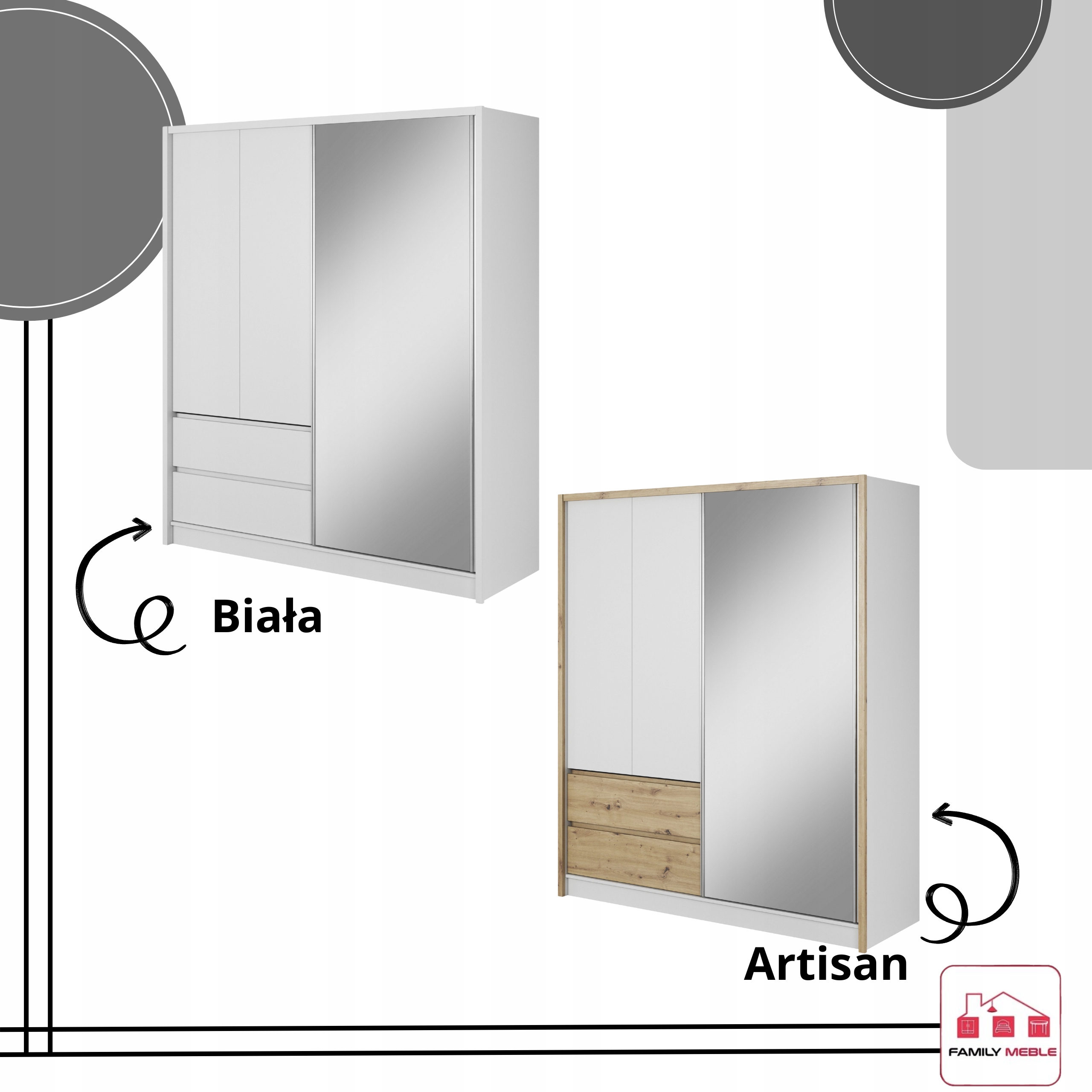 SZAFA GARDEROBA PRZESUWNA LILIA BIAŁA ARTISAN 180CM DUŻA DRĄŻEK LUSTRO