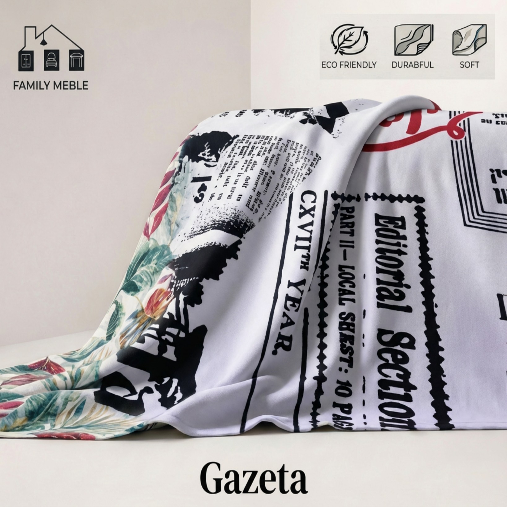 Pufa podnóżek siedzisko kostka gazeta czarno biały do salonu Fami Family — tkanina