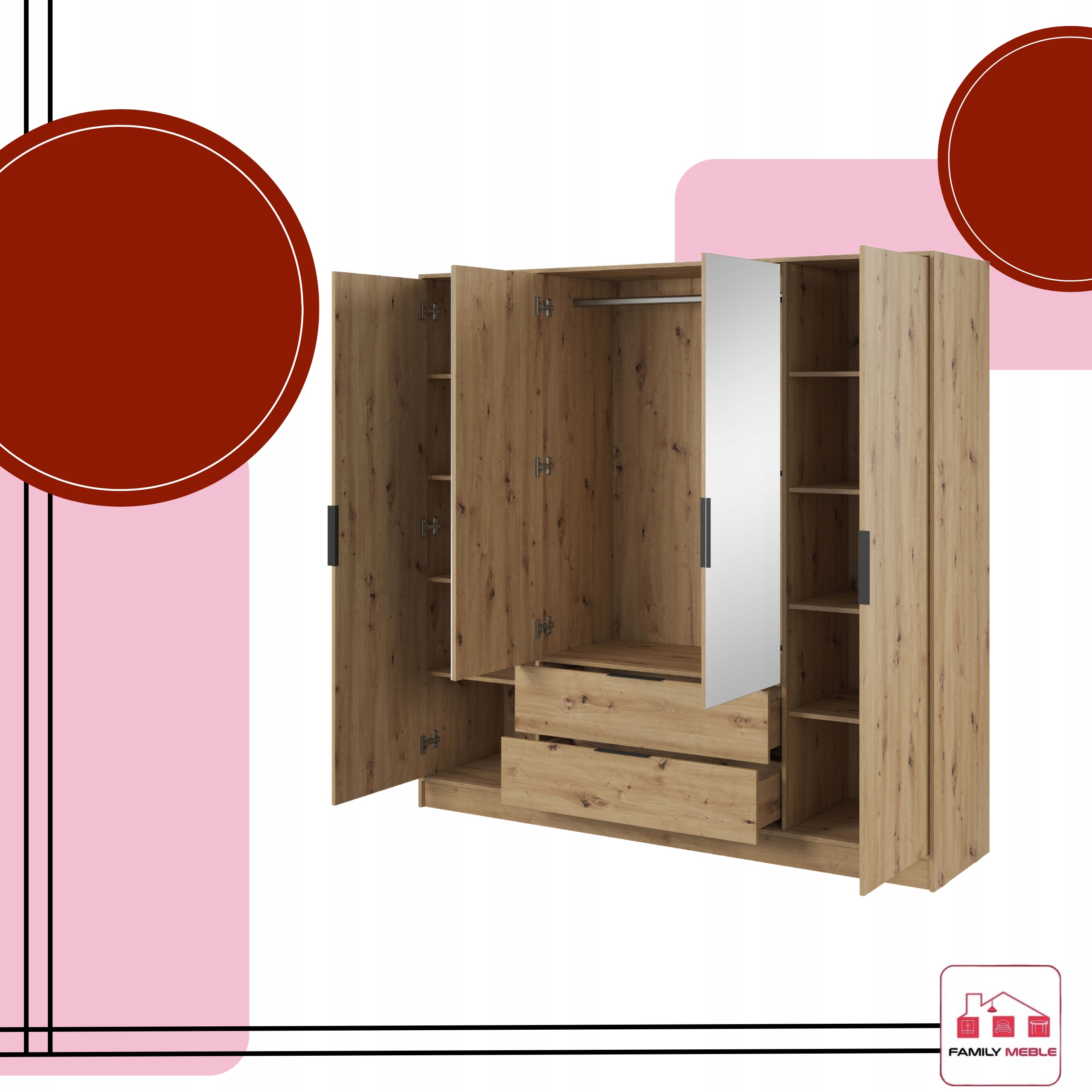 SZAFA GARDEROBA LUSTRO LIVIA 4DL OTWIERANA DĄB ARTISAN DUŻA SZUFLADY drążek