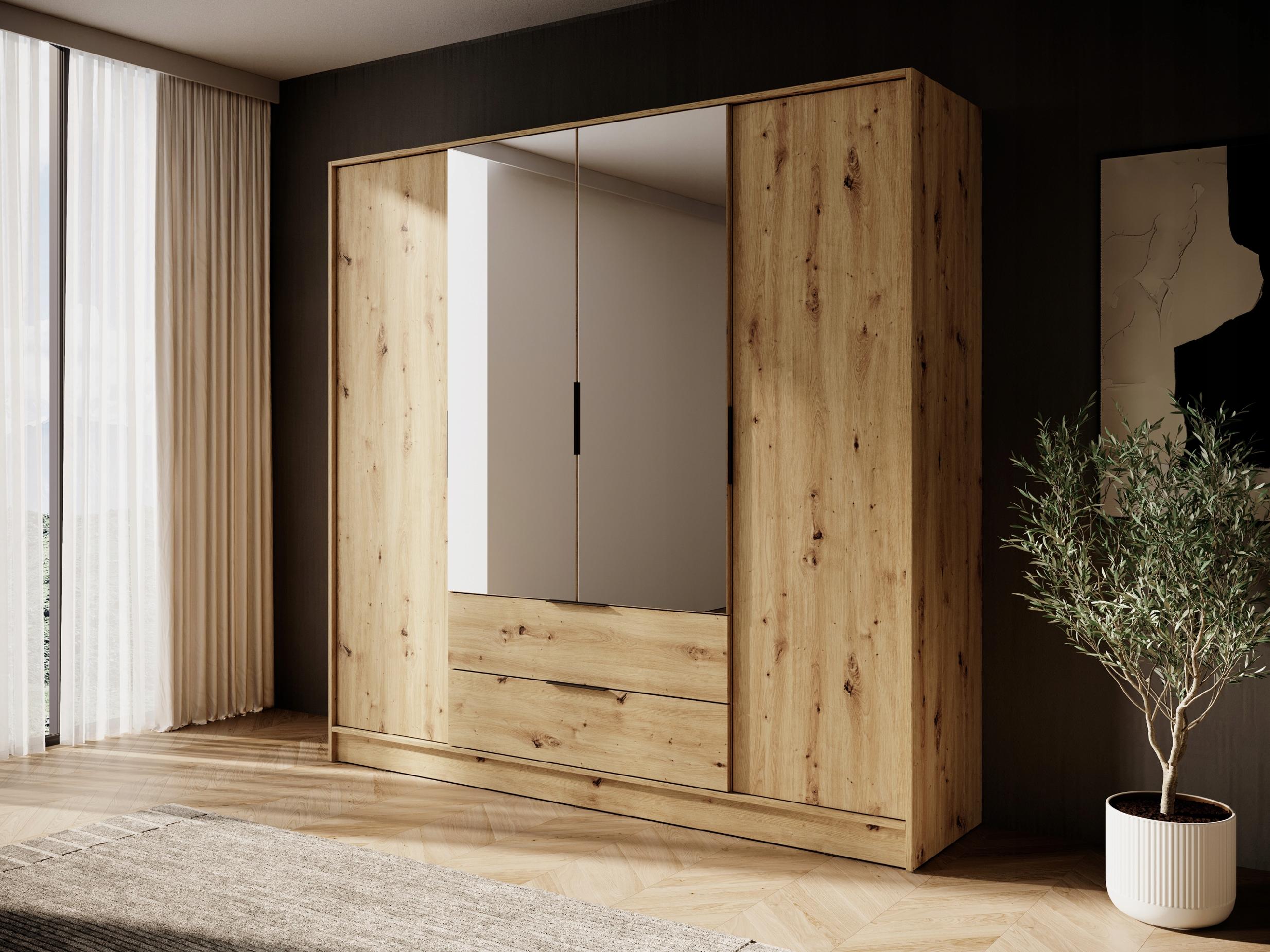 SZAFA GARDEROBA LUSTRO LIVIA 4DL OTWIERANA DĄB ARTISAN DUŻA SZUFLADY drążek