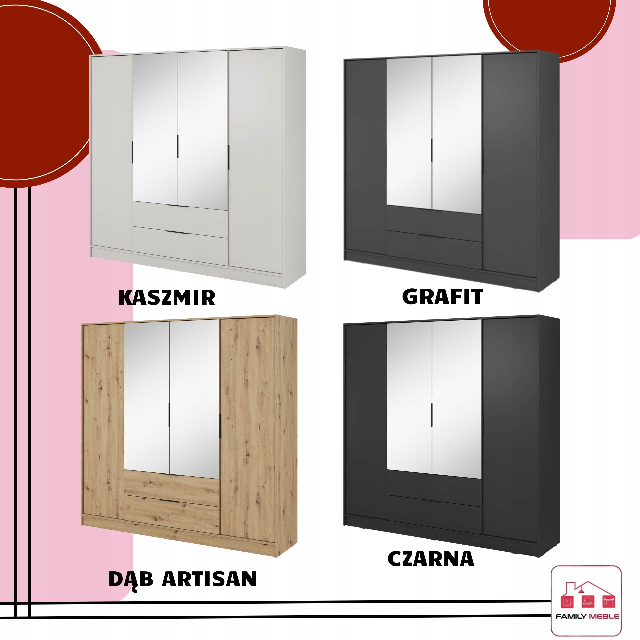 SZAFA GARDEROBA LUSTRO LIVIA 4DL OTWIERANA DĄB ARTISAN DUŻA SZUFLADY drążek