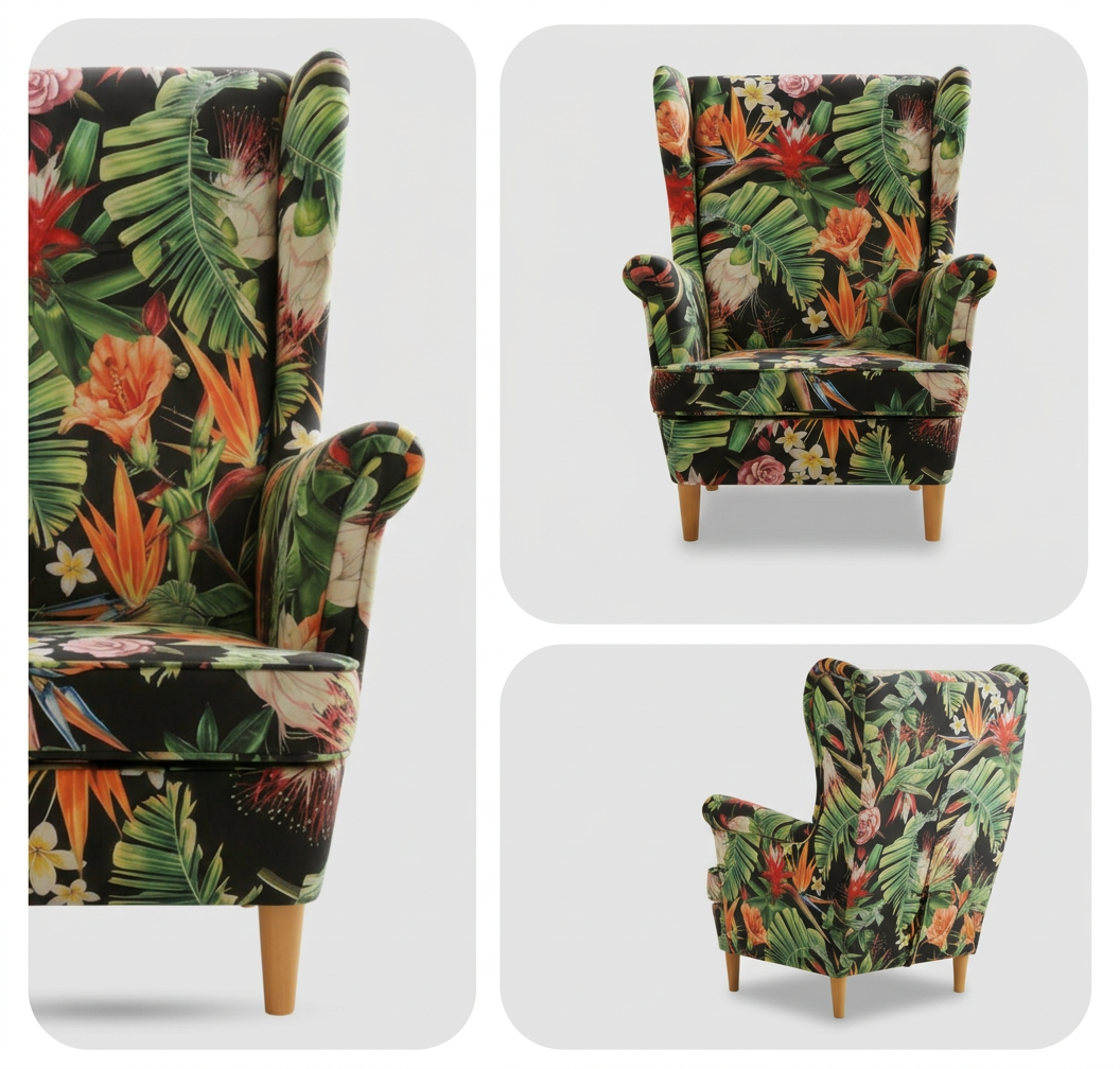 Fotel uszak skandynawski podnóżkiem pufą tiger stylowy Print Family Meble — detale