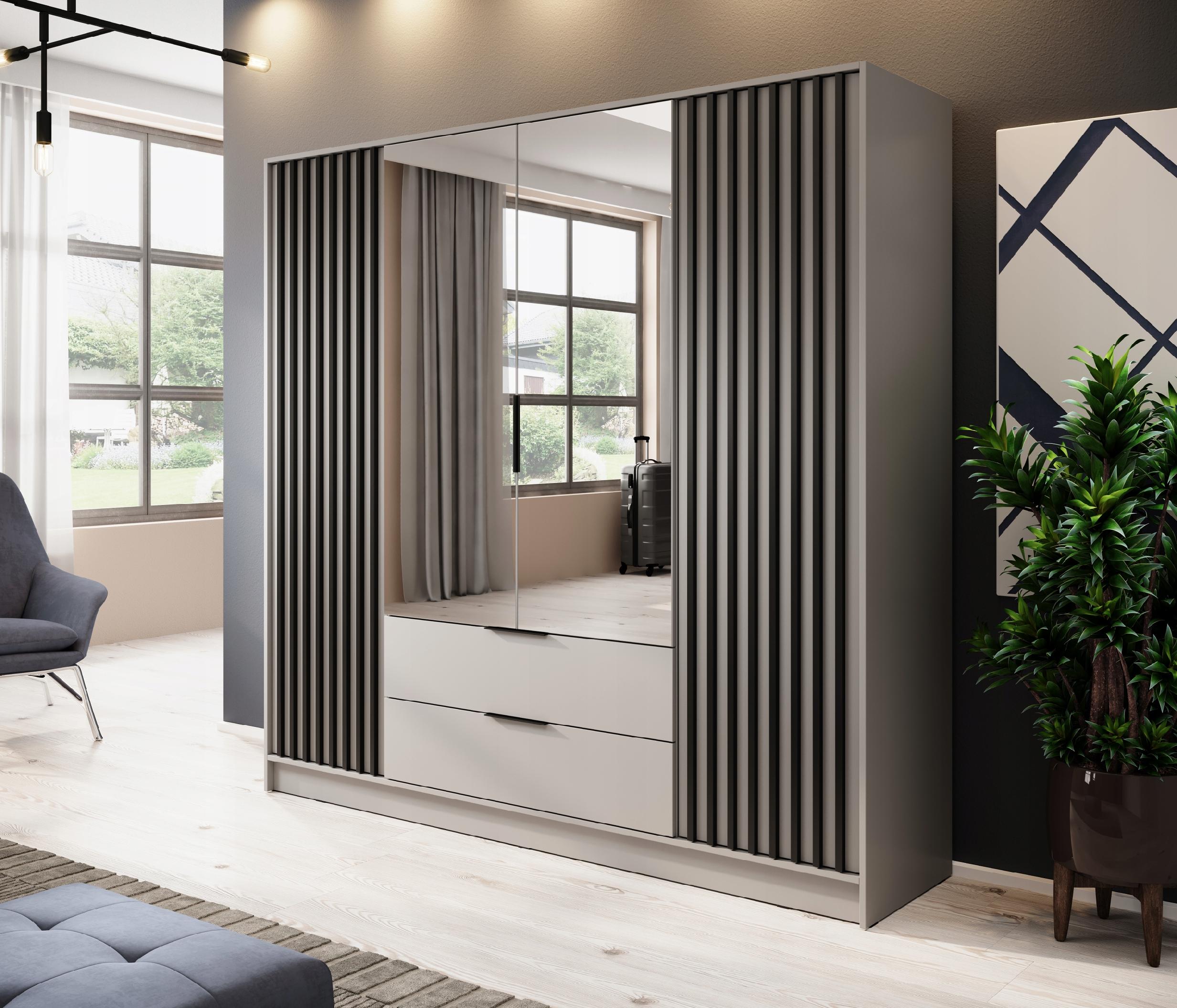 SZAFA GARDEROBA SOREN 4D KASZMIR 200CM OTWIERANA DUŻA PÓŁKI DRĄŻEK LUSTRO