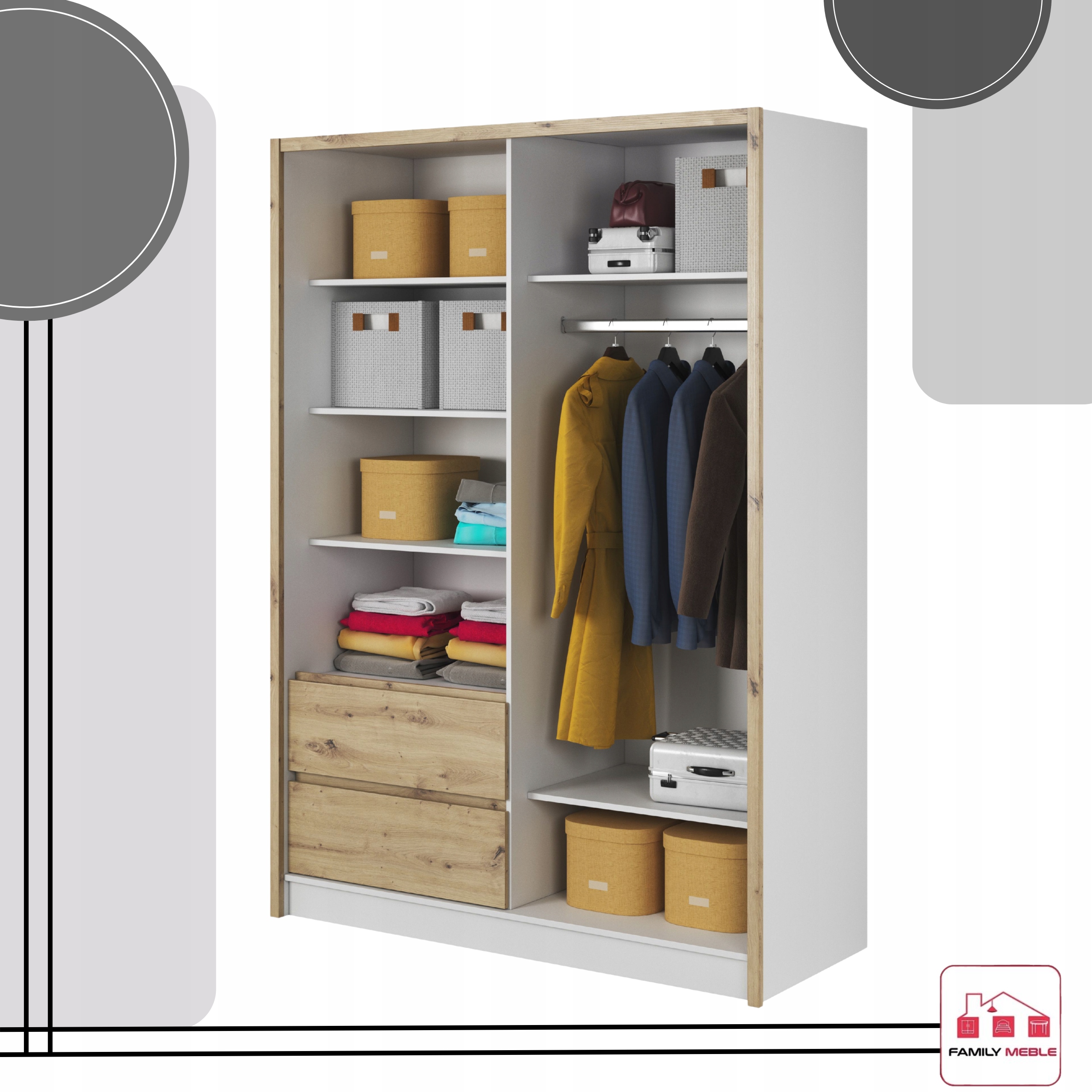 SZAFA GARDEROBA PRZESUWNA LILIA BIAŁA ARTISAN 150CM DUŻA DRĄŻEK LUSTRO