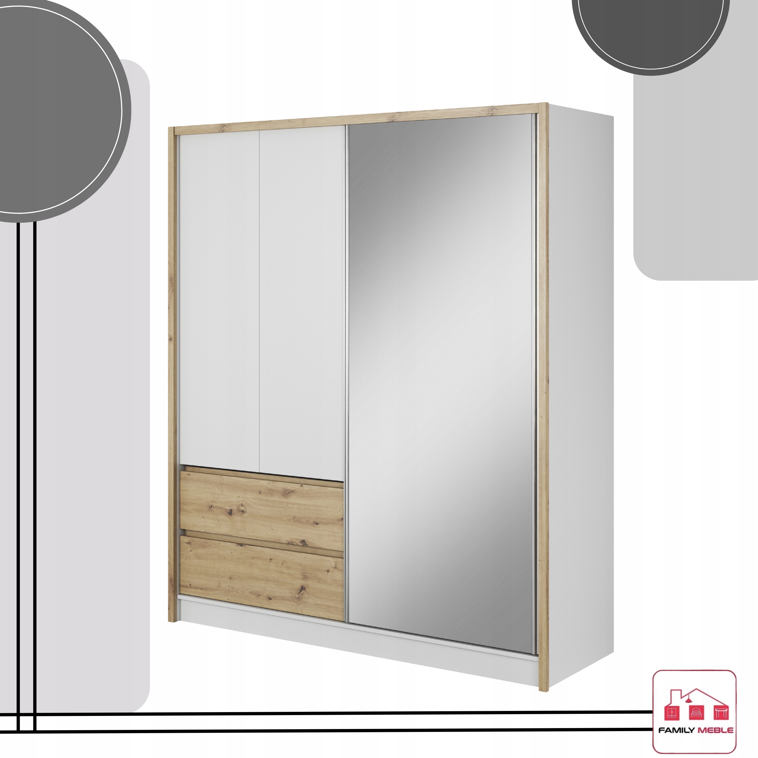 SZAFA GARDEROBA PRZESUWNA LILIA BIAŁA ARTISAN 180CM DUŻA DRĄŻEK LUSTRO