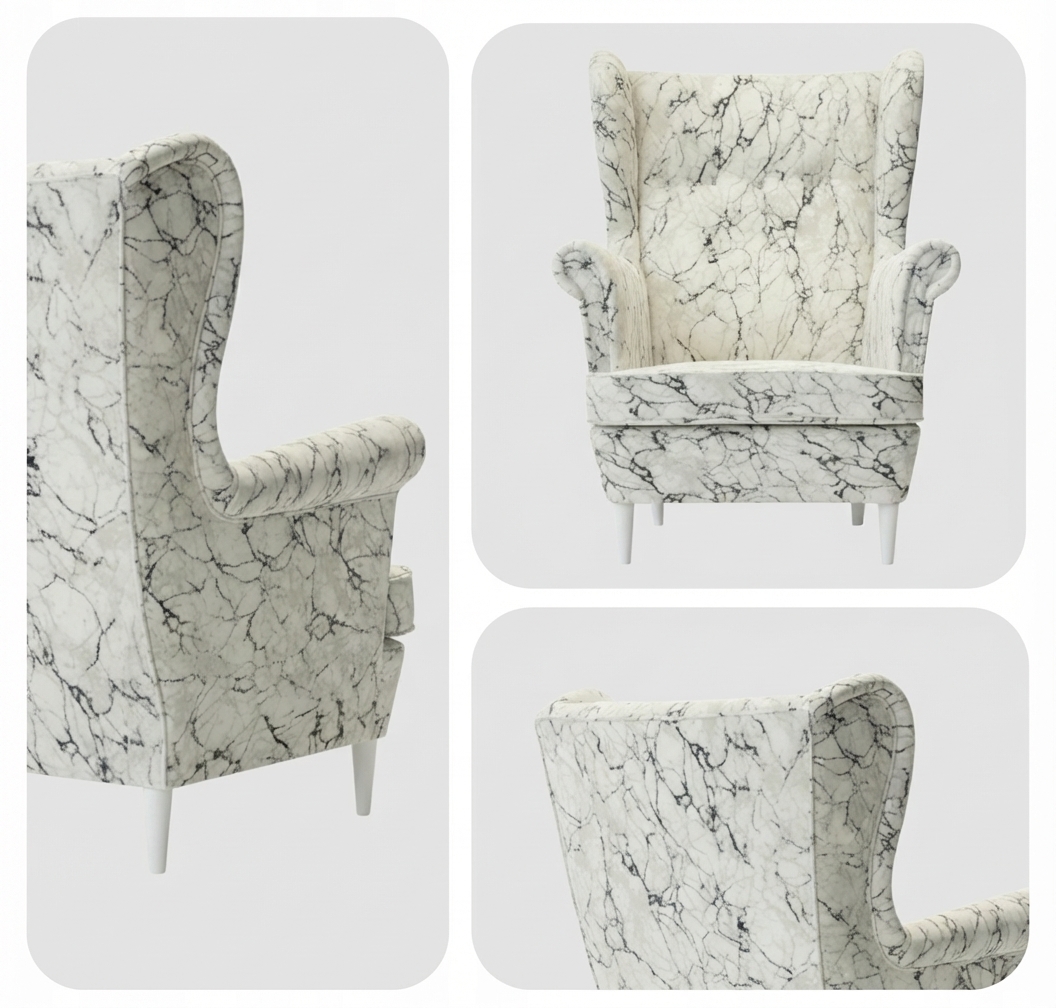 Fotel uszak skandynawski biały marmur wzór carrara Design Family Meble — detale
