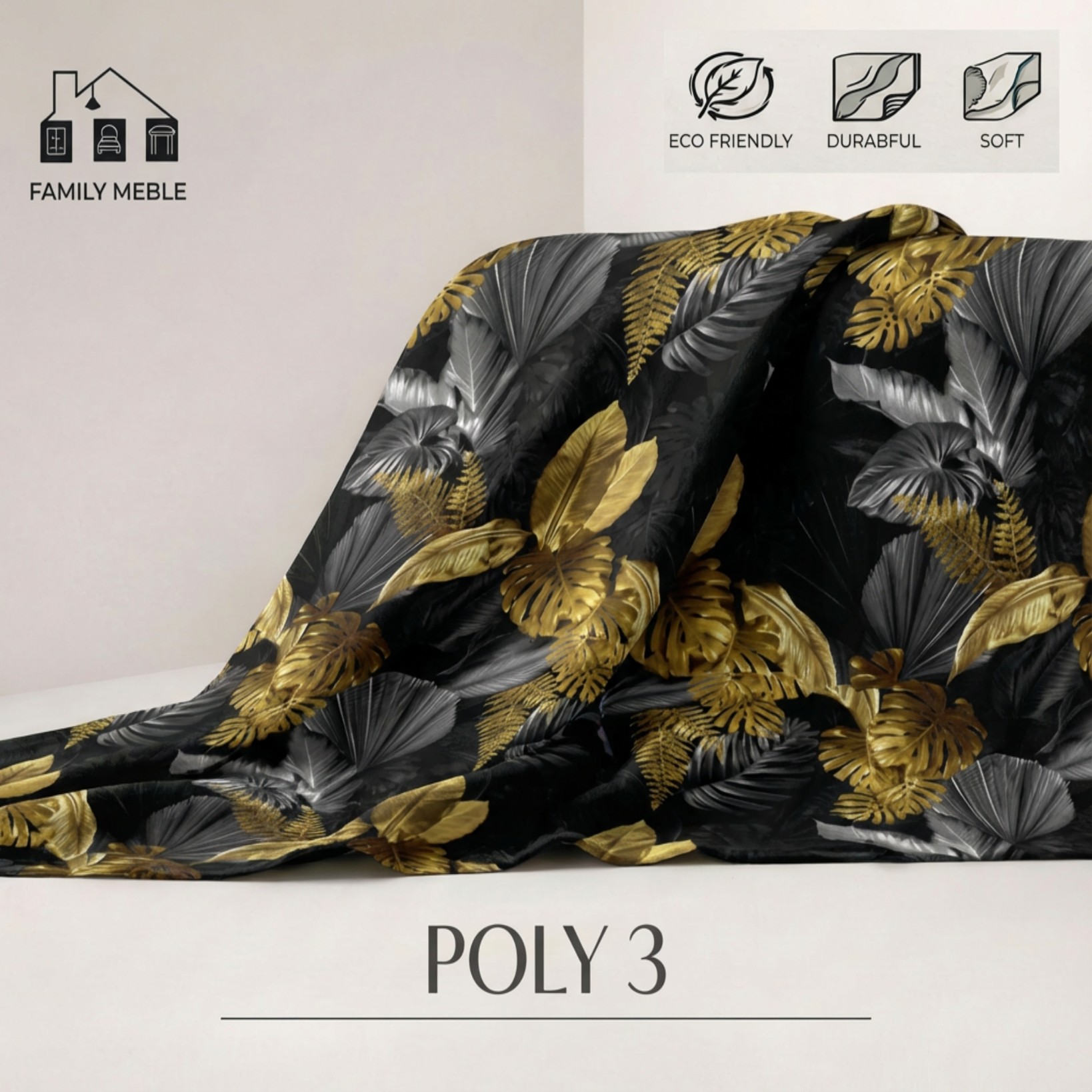 Fotel skandynawski monstera złoty uszak palmy welur Luna Print Family Meble — tkanina