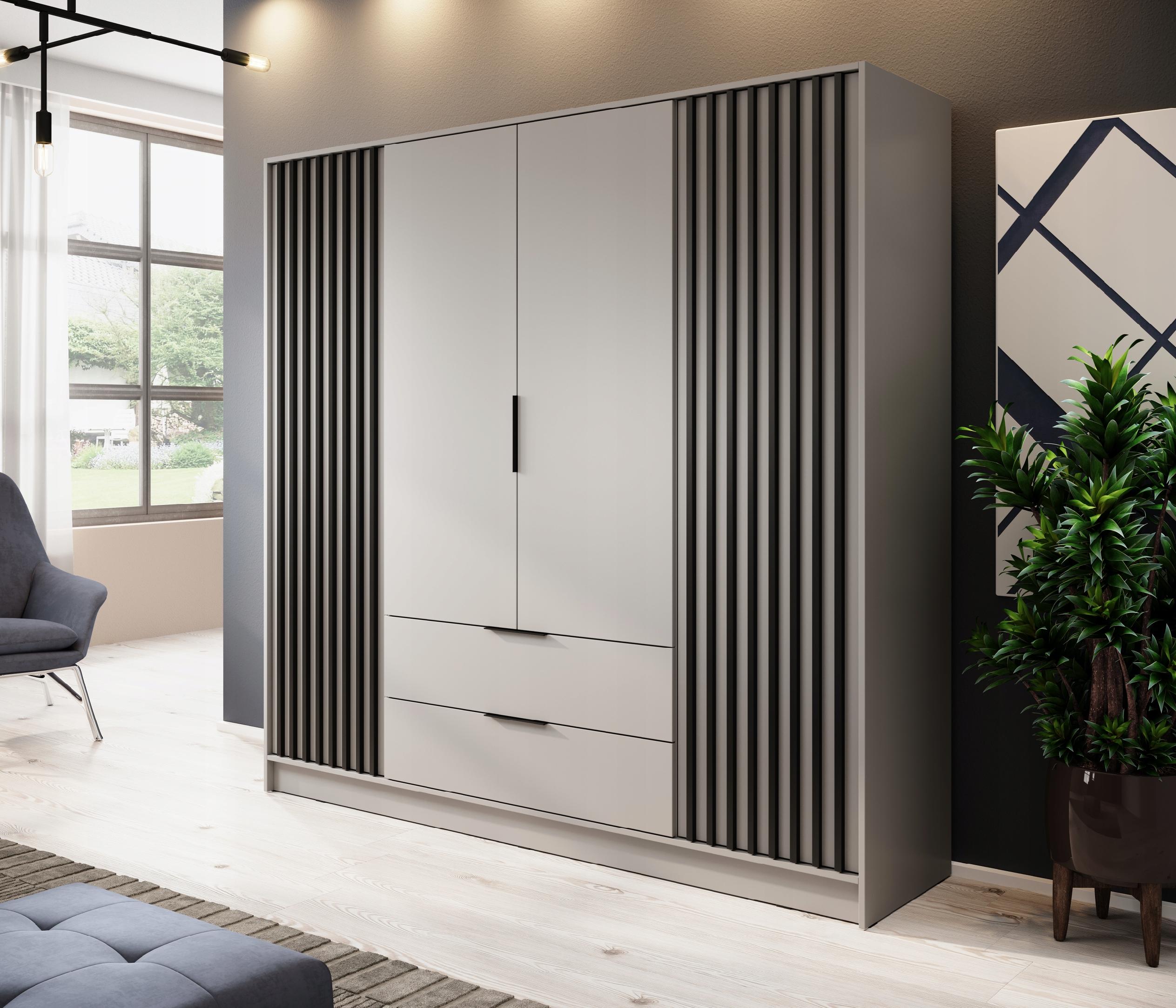 SZAFA GARDEROBA SOREN 4D KASZMIR 200CM OTWIERANA DUŻA PÓŁKI DRĄŻEK LAMELE