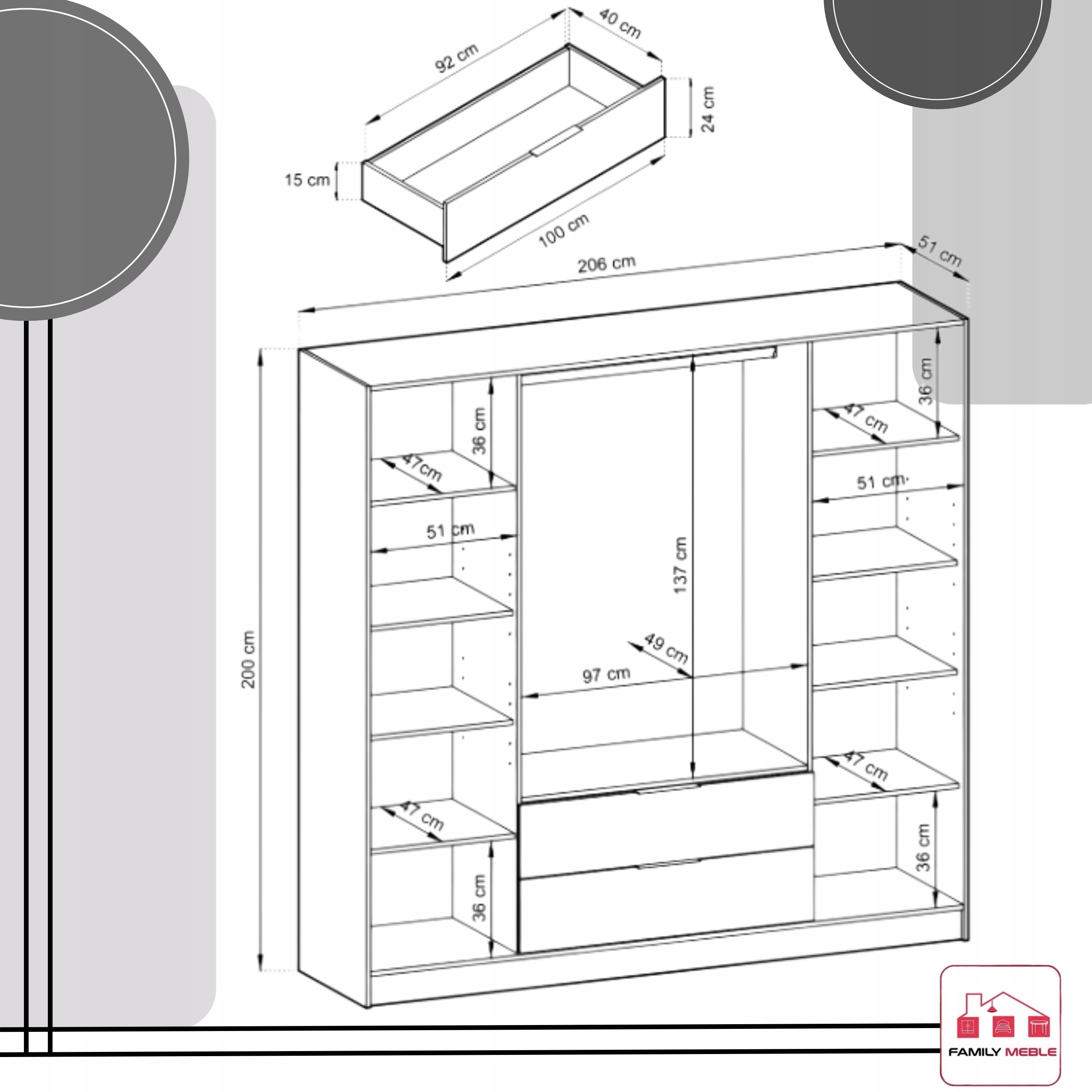 SZAFA GARDEROBA SOREN 4D KASZMIR 200CM OTWIERANA DUŻA PÓŁKI DRĄŻEK LAMELE