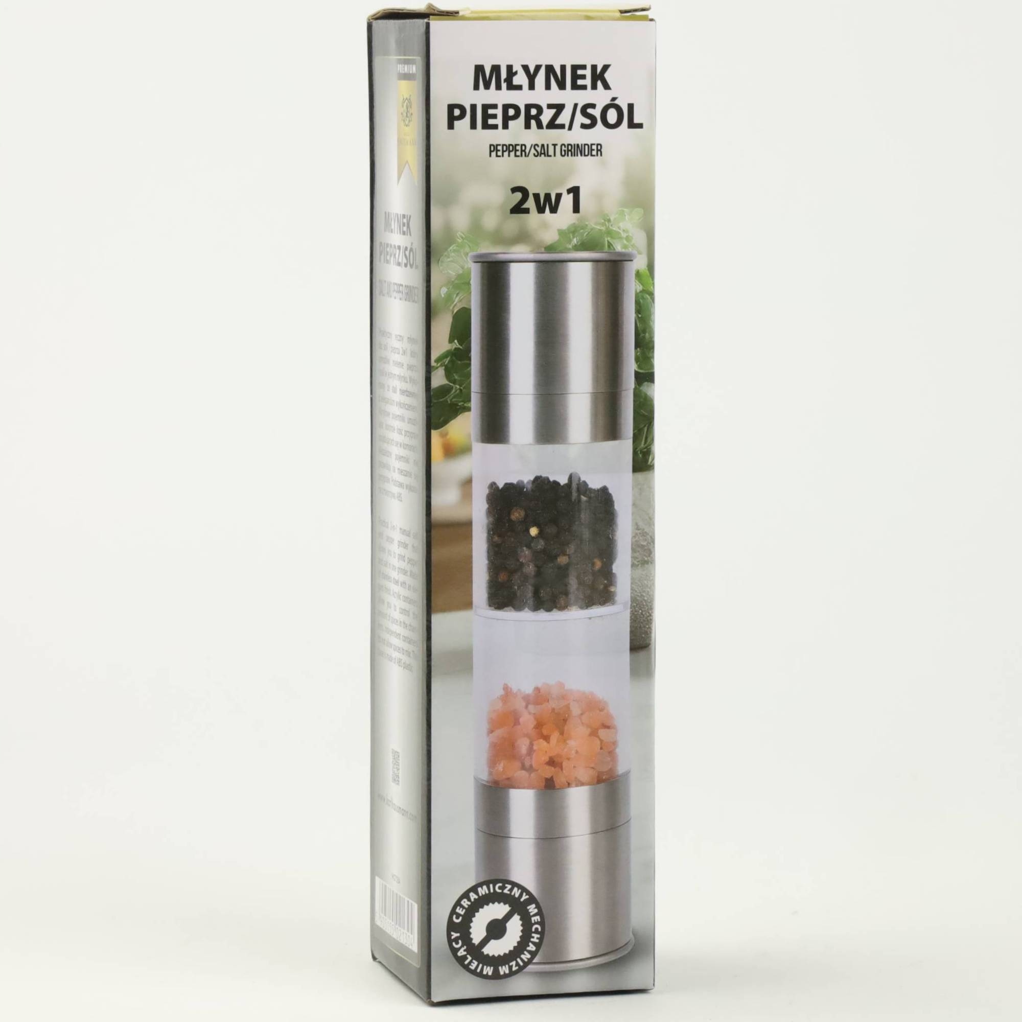 MŁYNEK RĘCZNY DO MIELENIA PRZYPRAW PIEPRZU SOLI 2W1 METALOWY SREBRNY