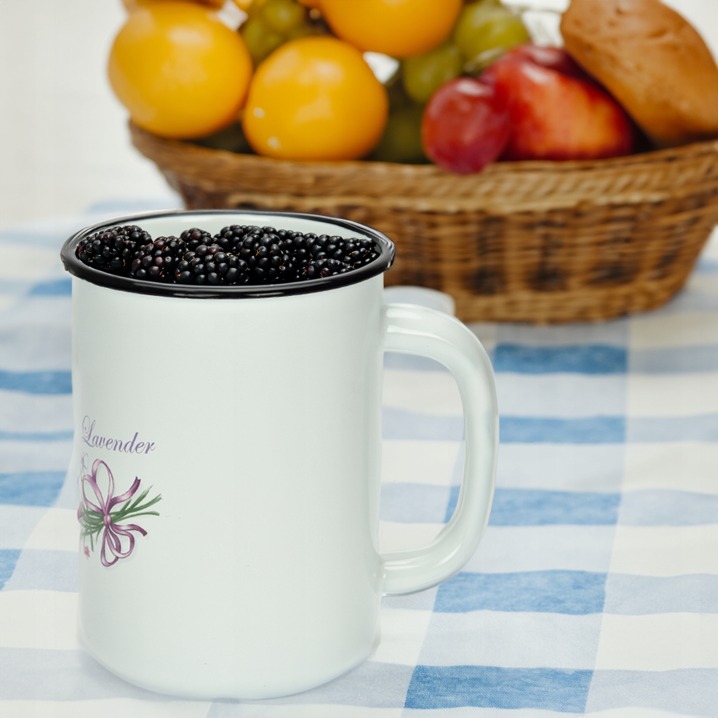 KUBEK GŁADKI EMALIOWANY 1,5L WZÓR LAWENDA SOLIDNY NA NAPOJE MLEKO KOMPOT