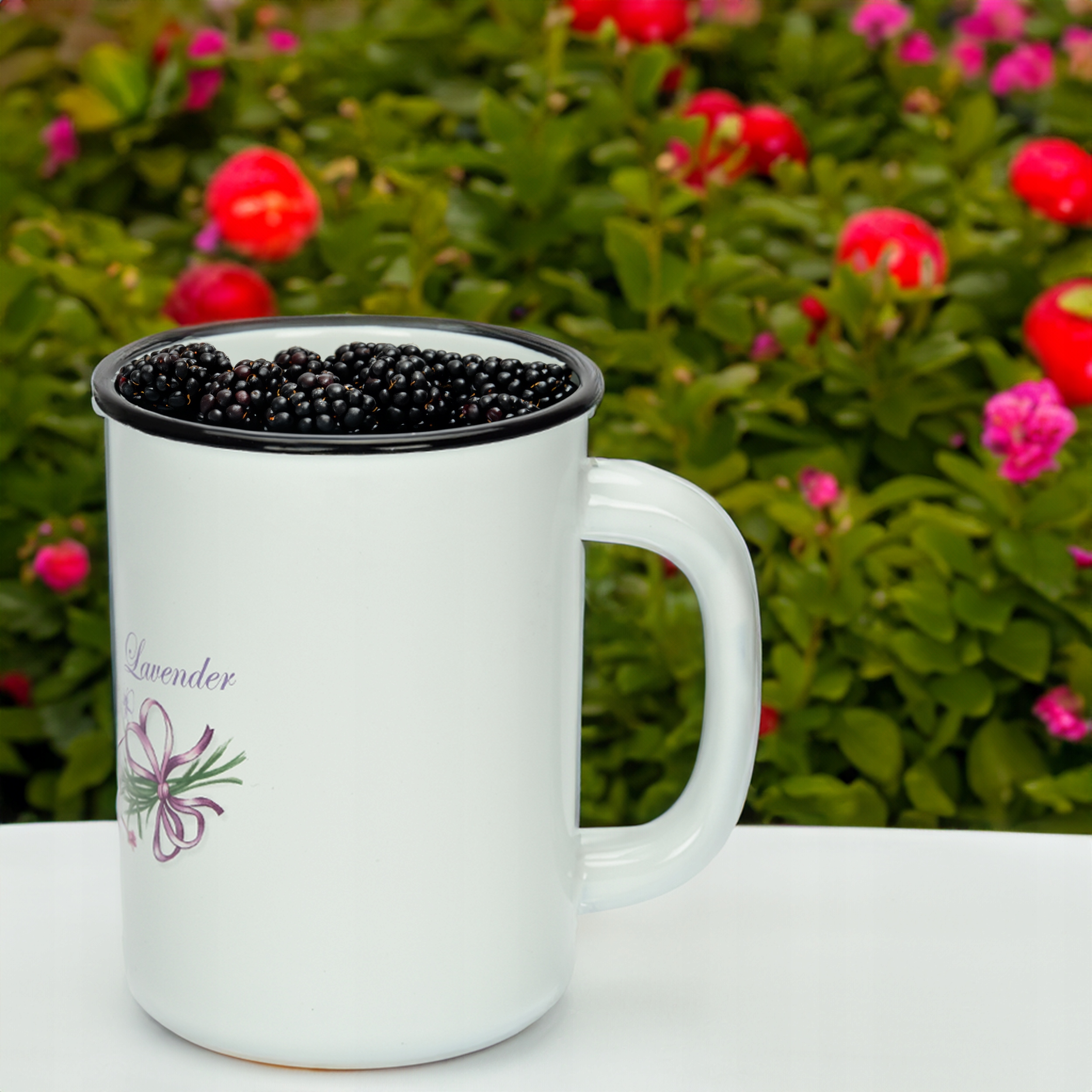 KUBEK GŁADKI EMALIOWANY 1,5L WZÓR LAWENDA SOLIDNY NA NAPOJE MLEKO KOMPOT