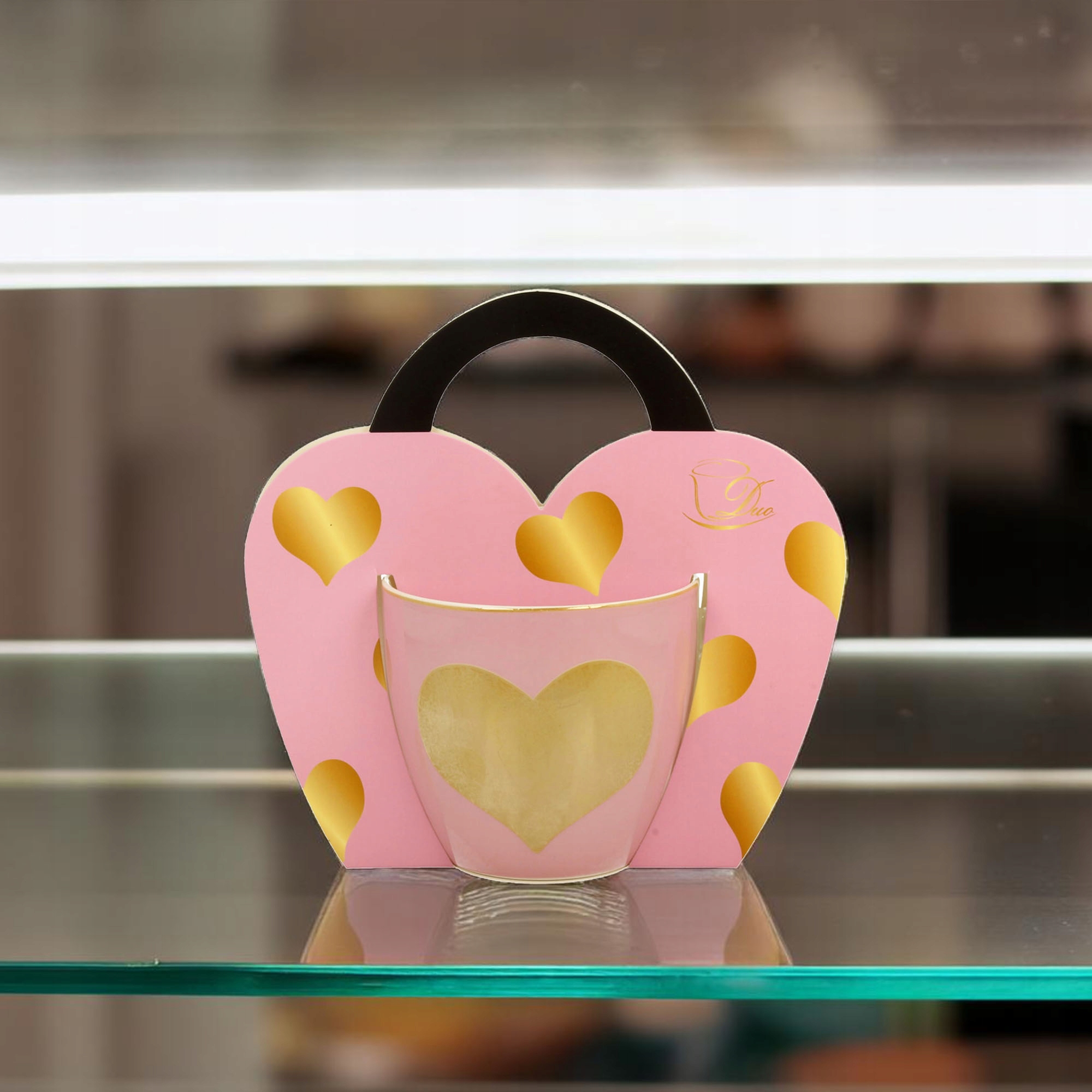 KUBEK RÓŻOWY SERCE DUŻY 460ML Z UCHEM UNIWERSALNY PORCELANA DO KAWY HERBATY