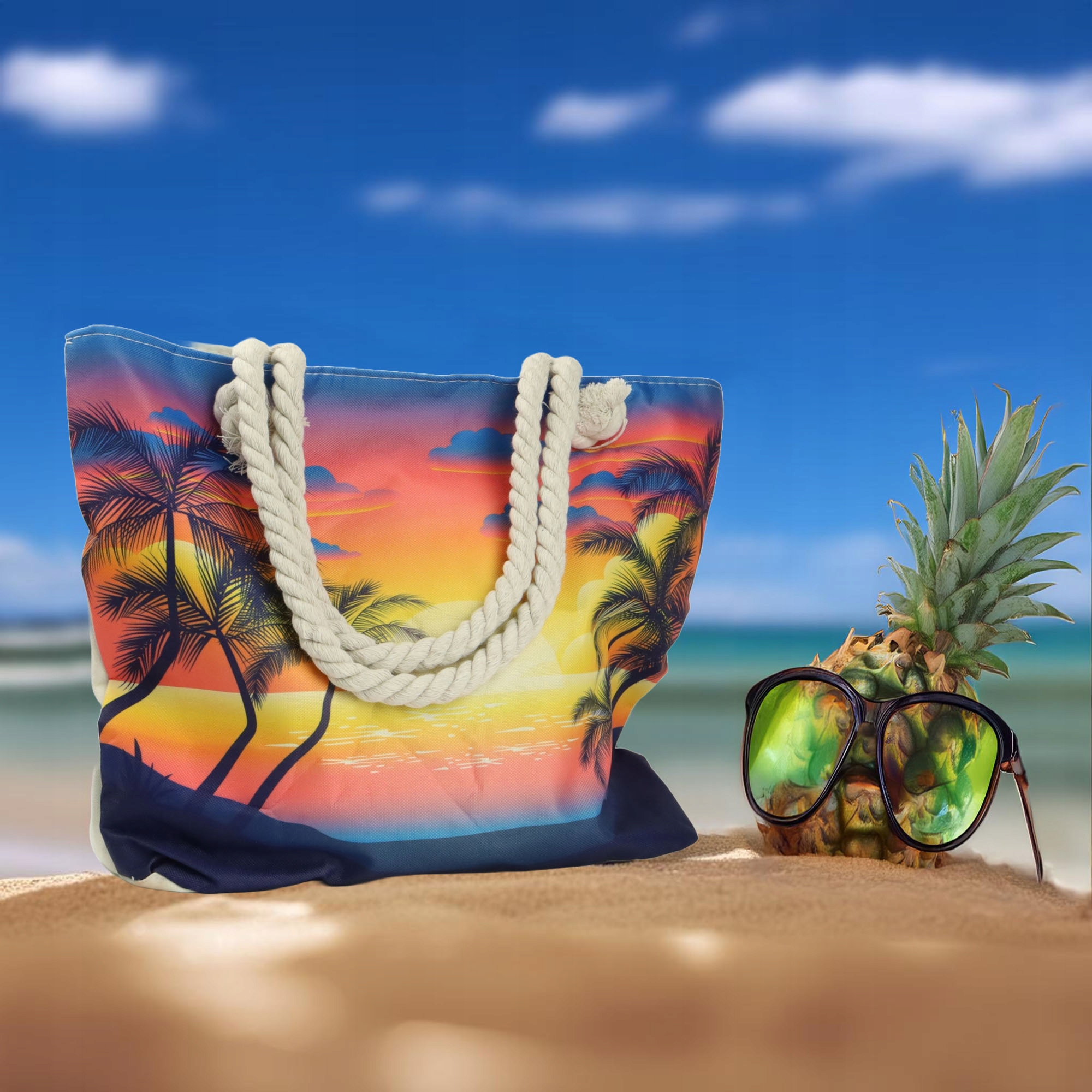 TORBA PLAŻOWA MIEJSKA MATERIAŁOWA Z PODSZEWKĄ SHOPPER NA RAMIĘ Z ZAMKIEM