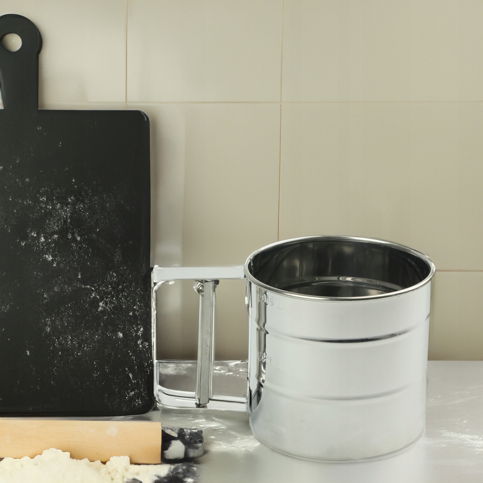 PRZESIEWACZ PRZESIEWAK SITKO DO MĄKI CUKRU PUDRU STALOWY SITO CEDZAK 9X10CM