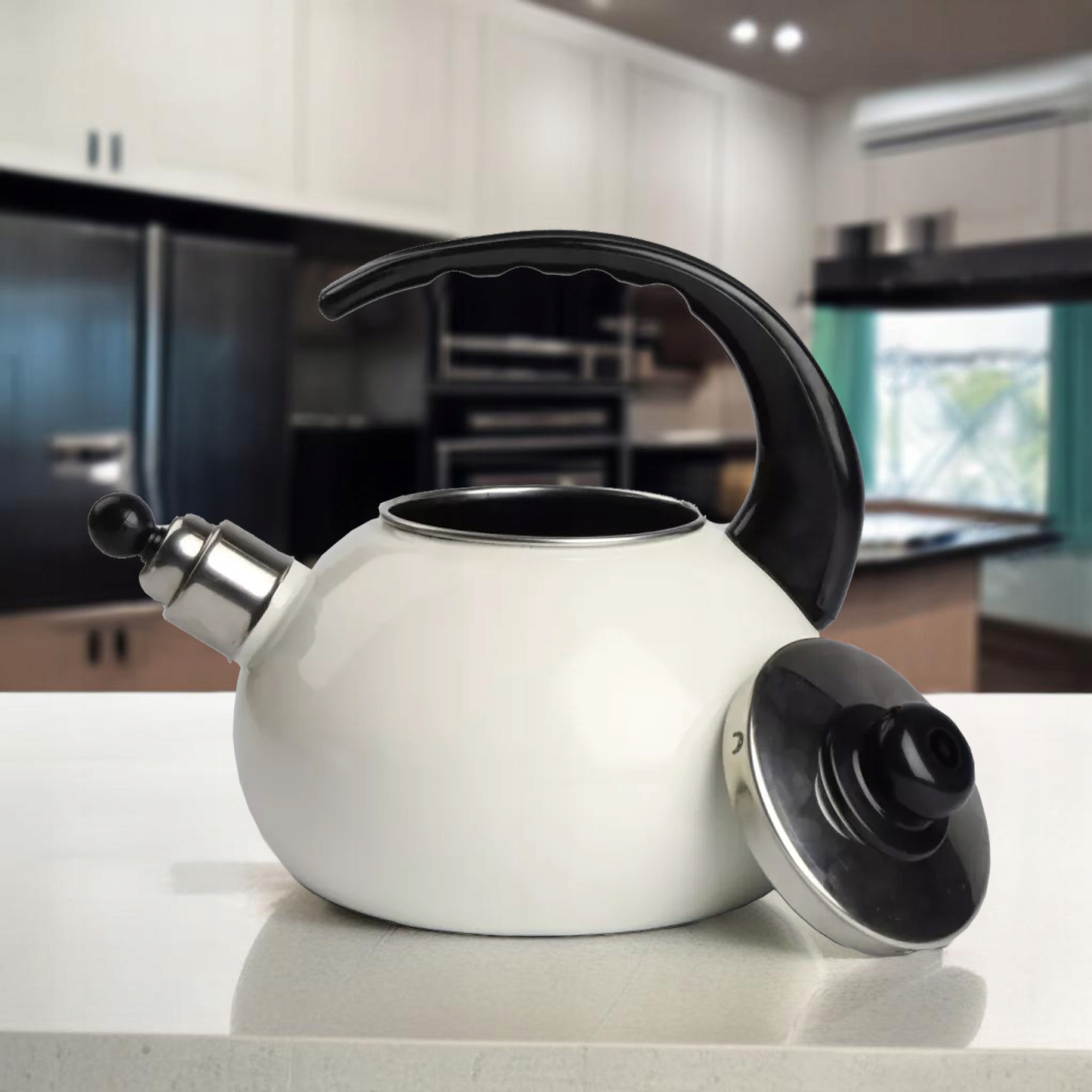 CZAJNIK EMALIOWANY NOWOCZESNY ECRU Z GWIZDKIEM STAL 2,5 L INDUKCJA GAZ