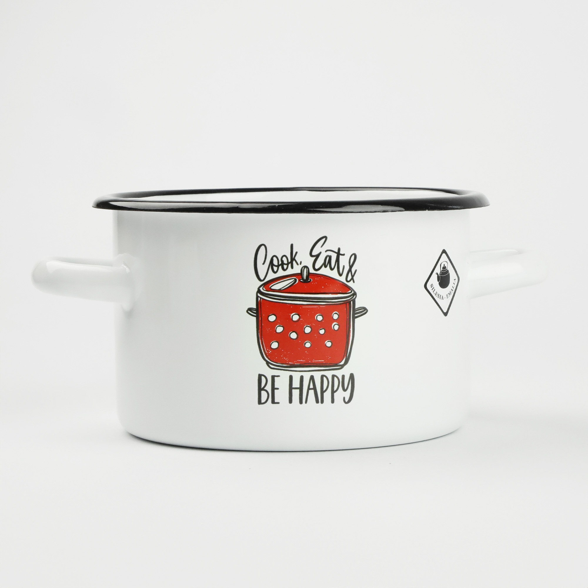 GARNEK TRADYCYJNY EMALIOWANY 3L BIAŁY PROSTY GAZ INDUKCJA WZÓR BE HAPPY