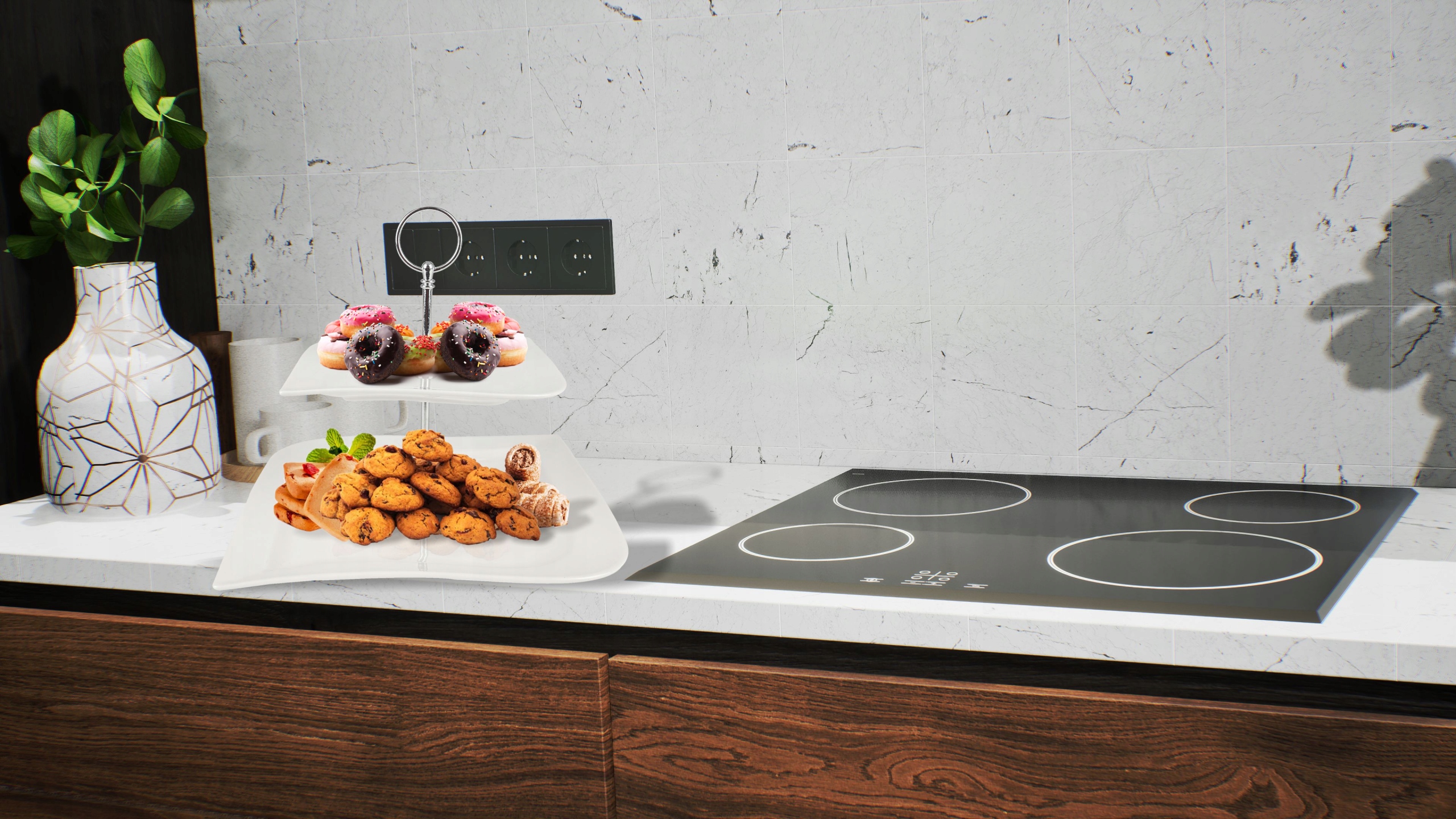 PATERA PORCELANOWA NOWOCZESNA BIAŁA 2 POZIOMOWA TACKA NA CIASTO SREBRNA