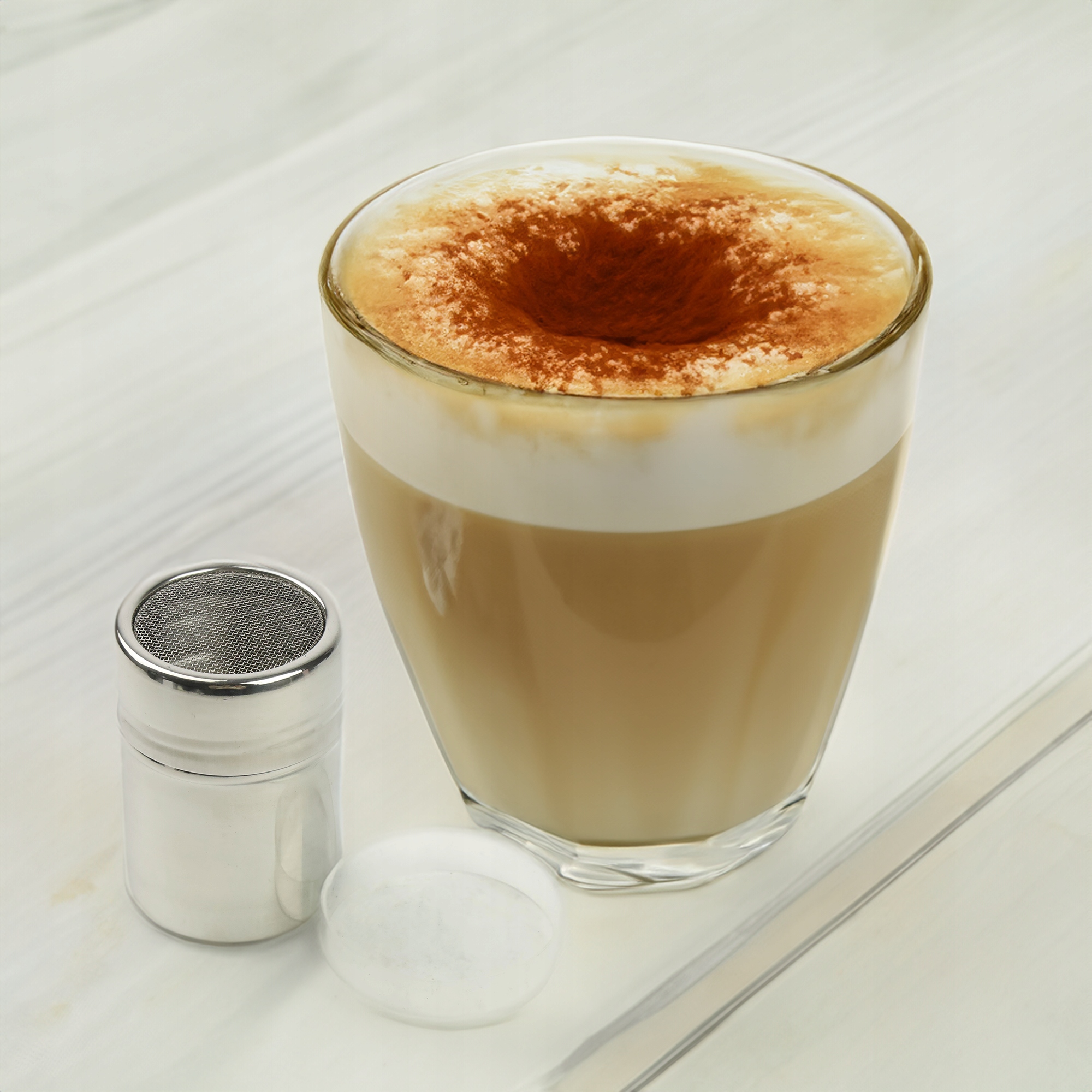 POJEMNIK Z SITKIEM DO POSYPYWANIA KAWY CIASTA CUKREM KAKAO + 6 SZABLONÓW