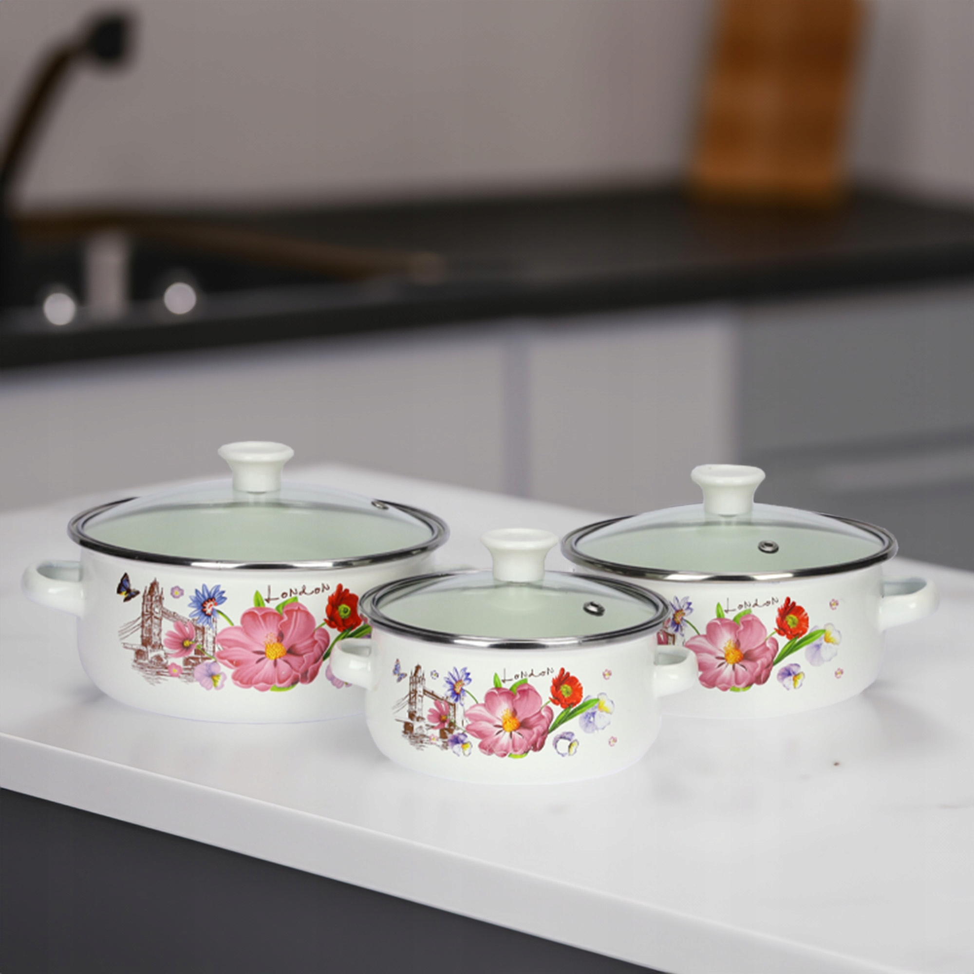 ZESTAW MAŁYCH GARNKÓW 0,7/1,2/1,7L EMALIOWANE WZÓR KWIATY GAZ INDUKCJA