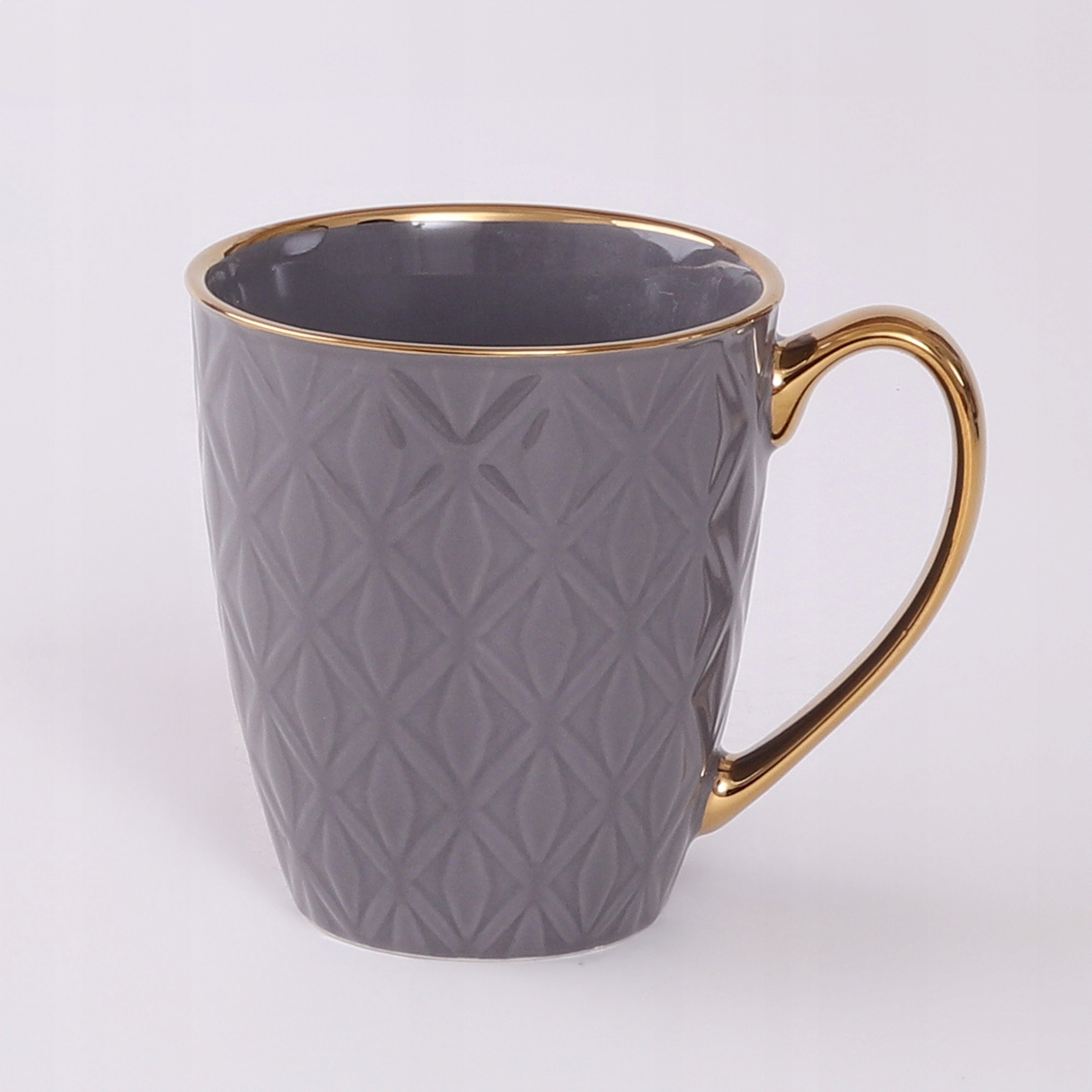 PORCELANOWY KUBEK NA KAWĘ HERBATĘ SZARY ZDOBIONY ZE ZŁOTYM UCHEM 360ML