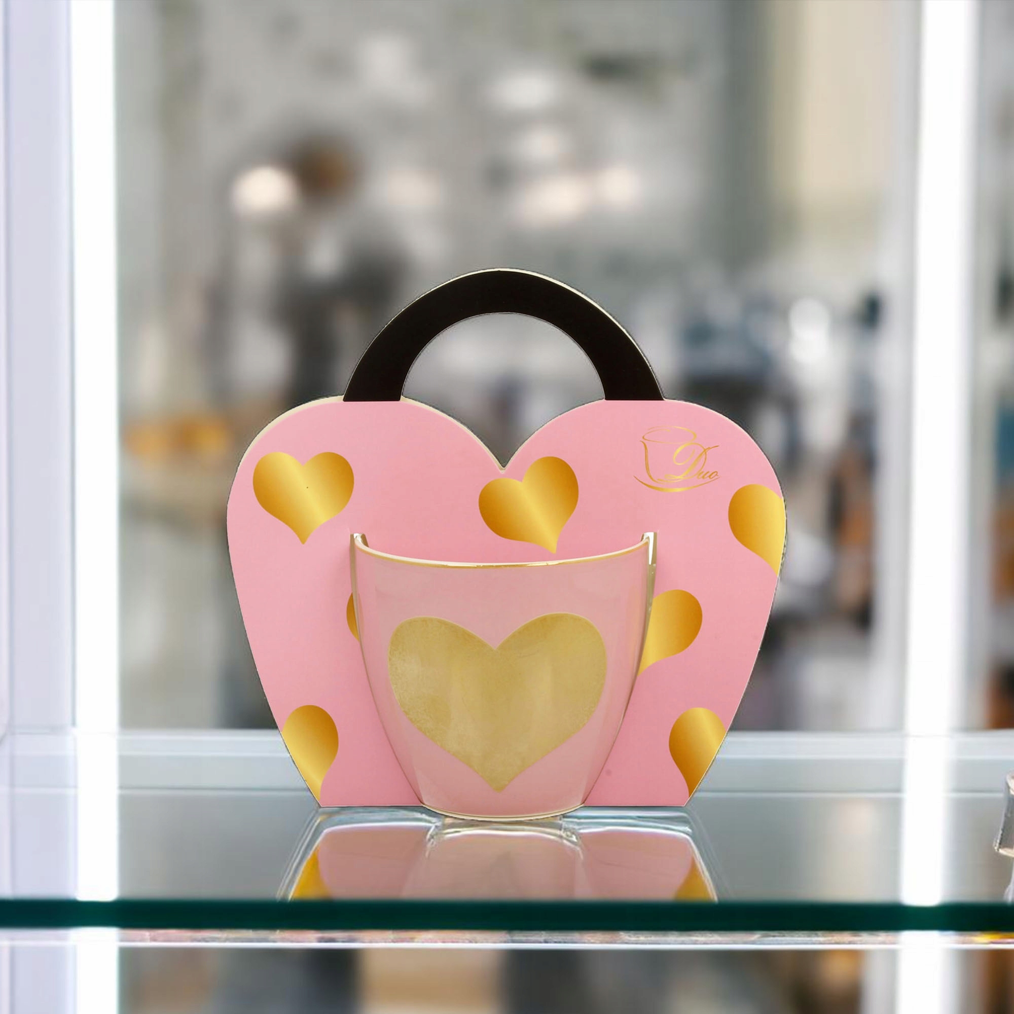 KUBEK RÓŻOWY SERCE DUŻY 460ML Z UCHEM UNIWERSALNY PORCELANA DO KAWY HERBATY