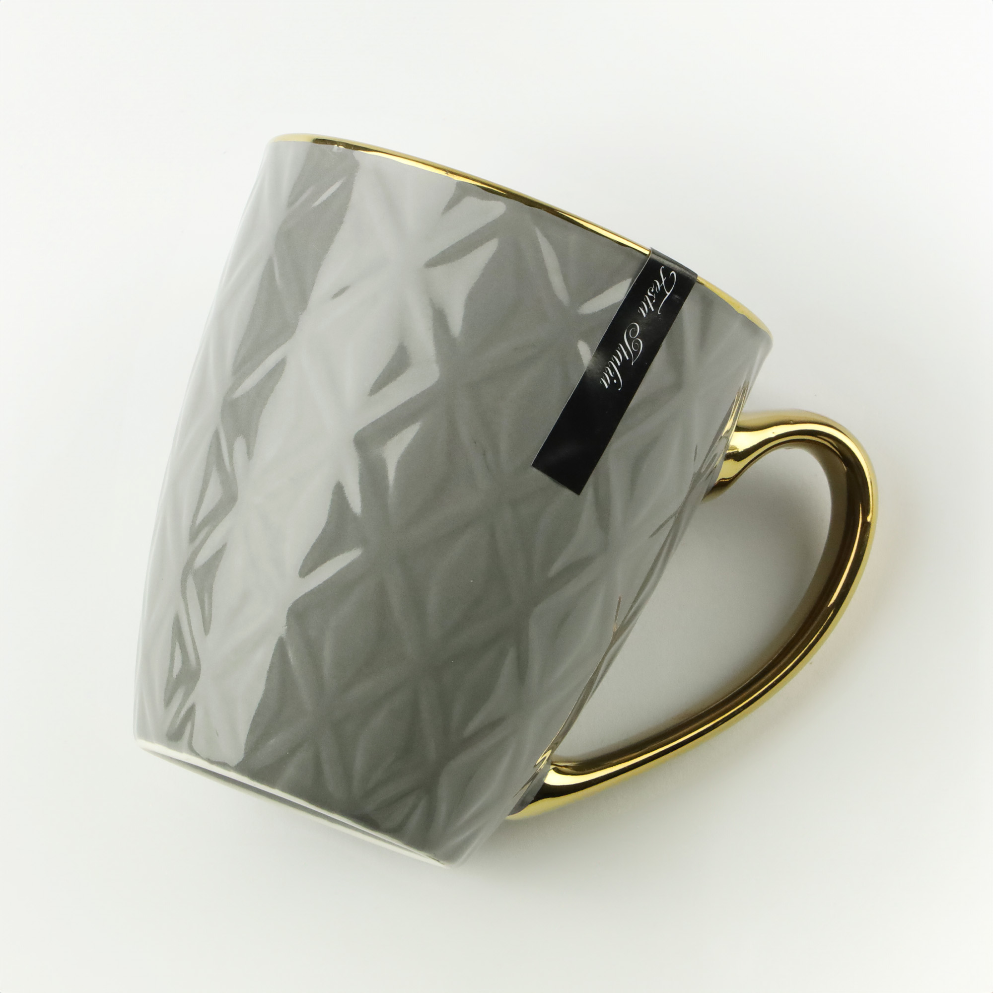 PORCELANOWY KUBEK NA KAWĘ HERBATĘ SZARY ZDOBIONY ZE ZŁOTYM UCHEM 360ML