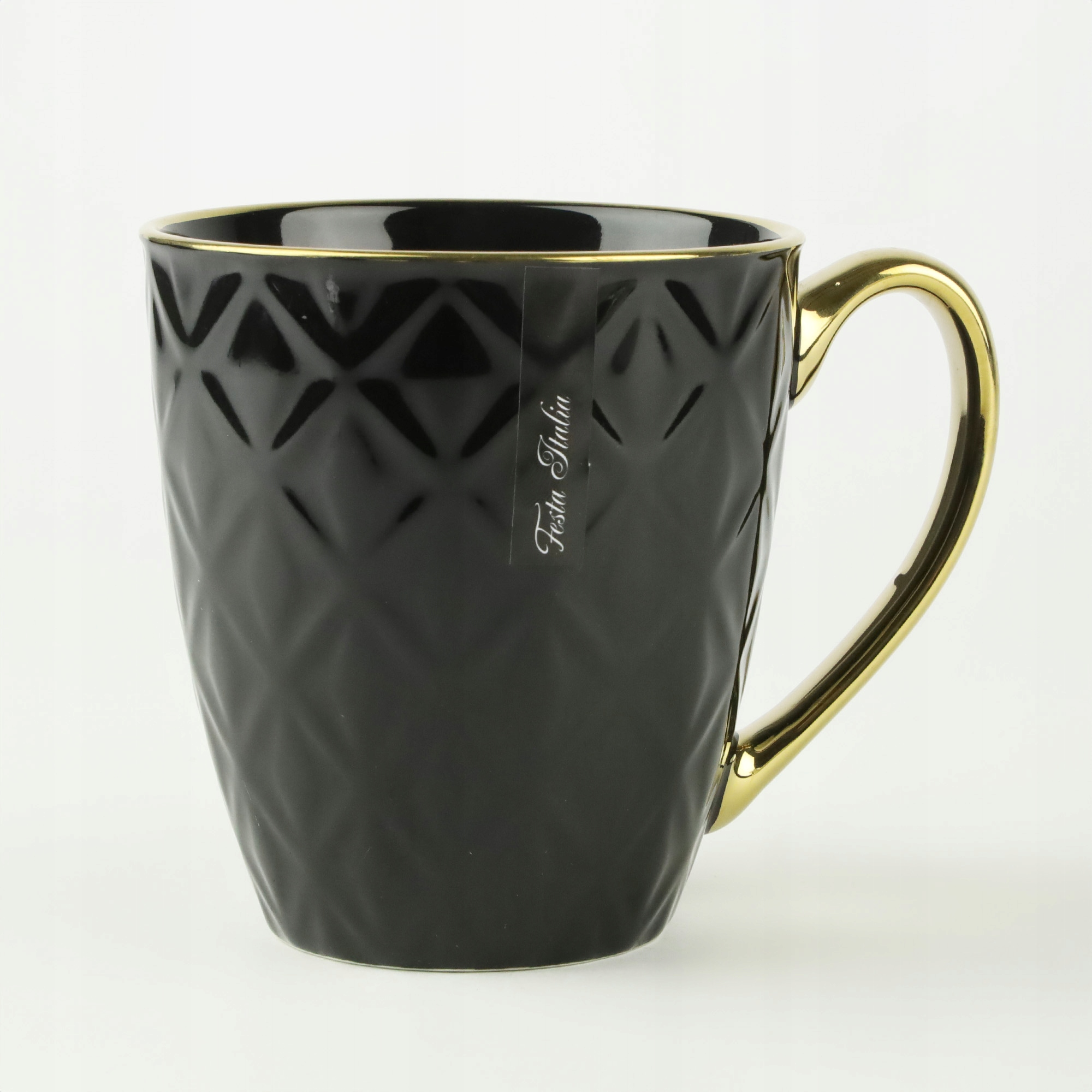 PORCELANOWY KUBEK NA KAWĘ HERBATĘ CZARNY ZDOBIONY ZE ZŁOTYM UCHEM 360ML