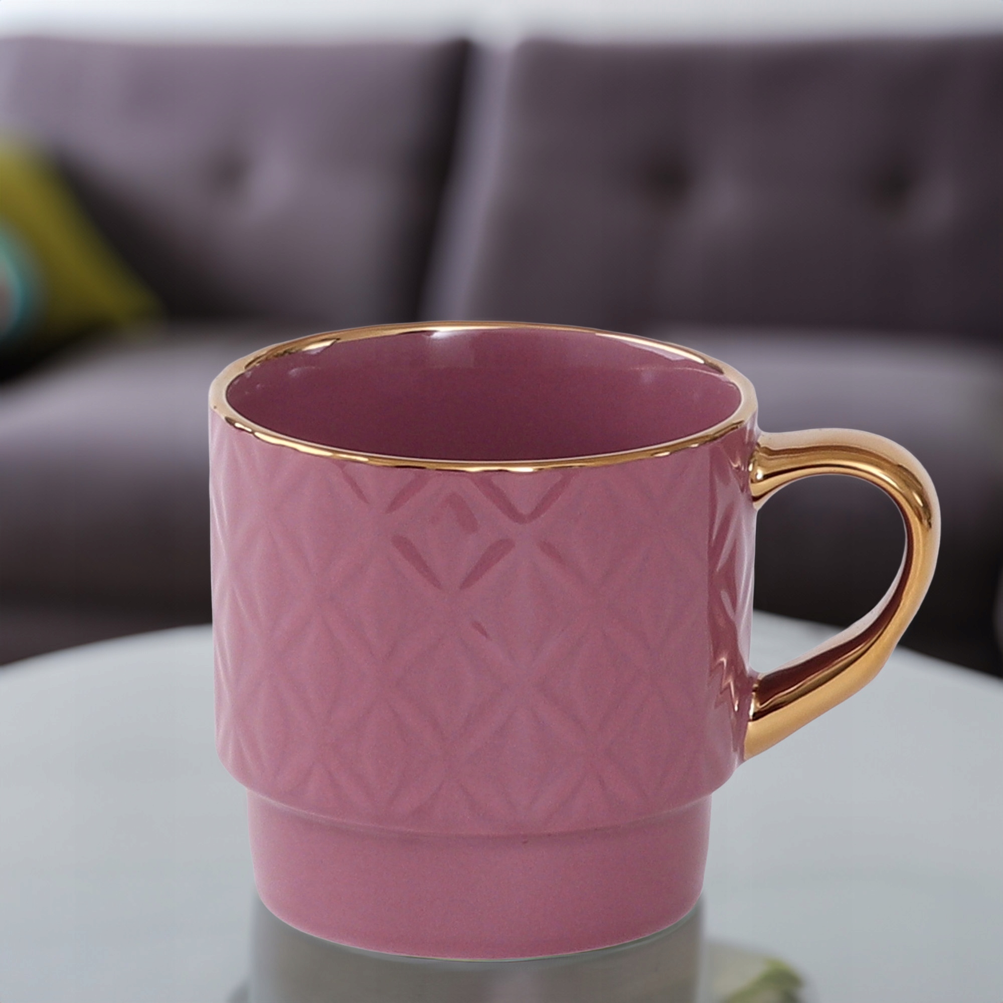 PORCELANOWY KUBEK NA KAWĘ HERBATĘ WRZOSOWY ZDOBIONY ZE ZŁOTYM UCHEM 340ML