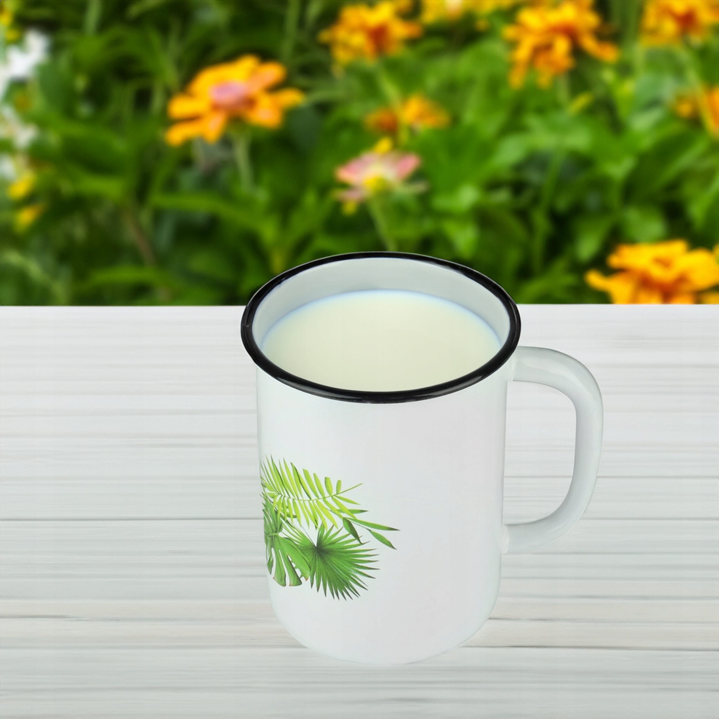 KUBEK GŁADKI EMALIOWANY 1,5L WZÓR MONSTERA IDEALNY DO NAPOJÓW KOMPOTU MLEKA