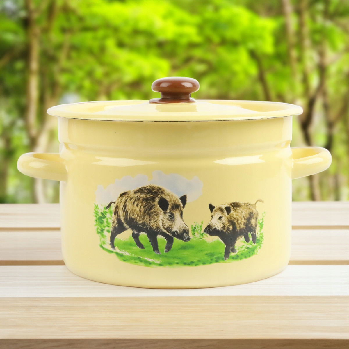 GARNEK EMALIOWANY 9 L Z POKRYWKĄ WZÓR DZIK DO GOTOWANIA POTRAW PRZETWORÓW