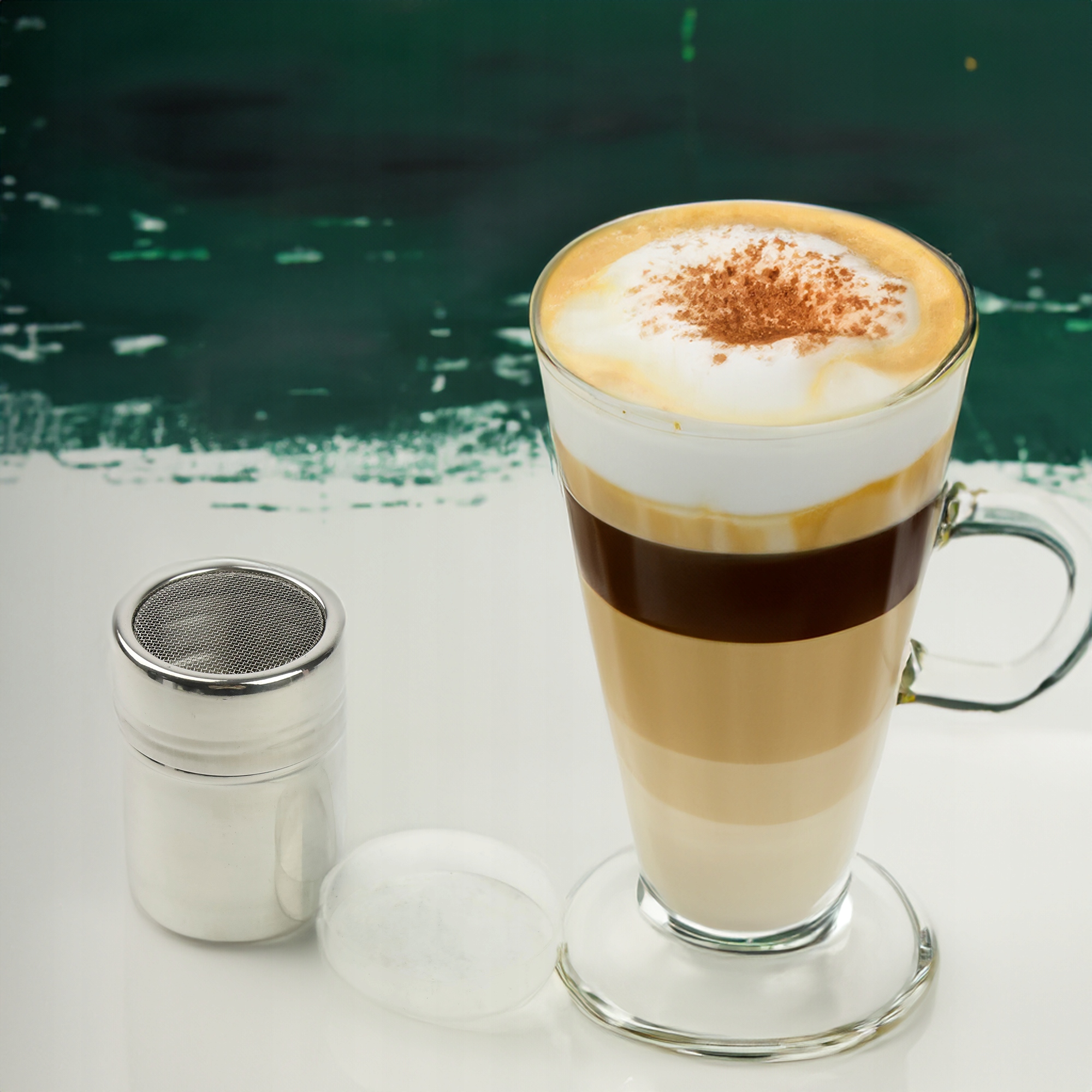 POJEMNIK Z SITKIEM DO POSYPYWANIA KAWY CIASTA CUKREM KAKAO + 6 SZABLONÓW