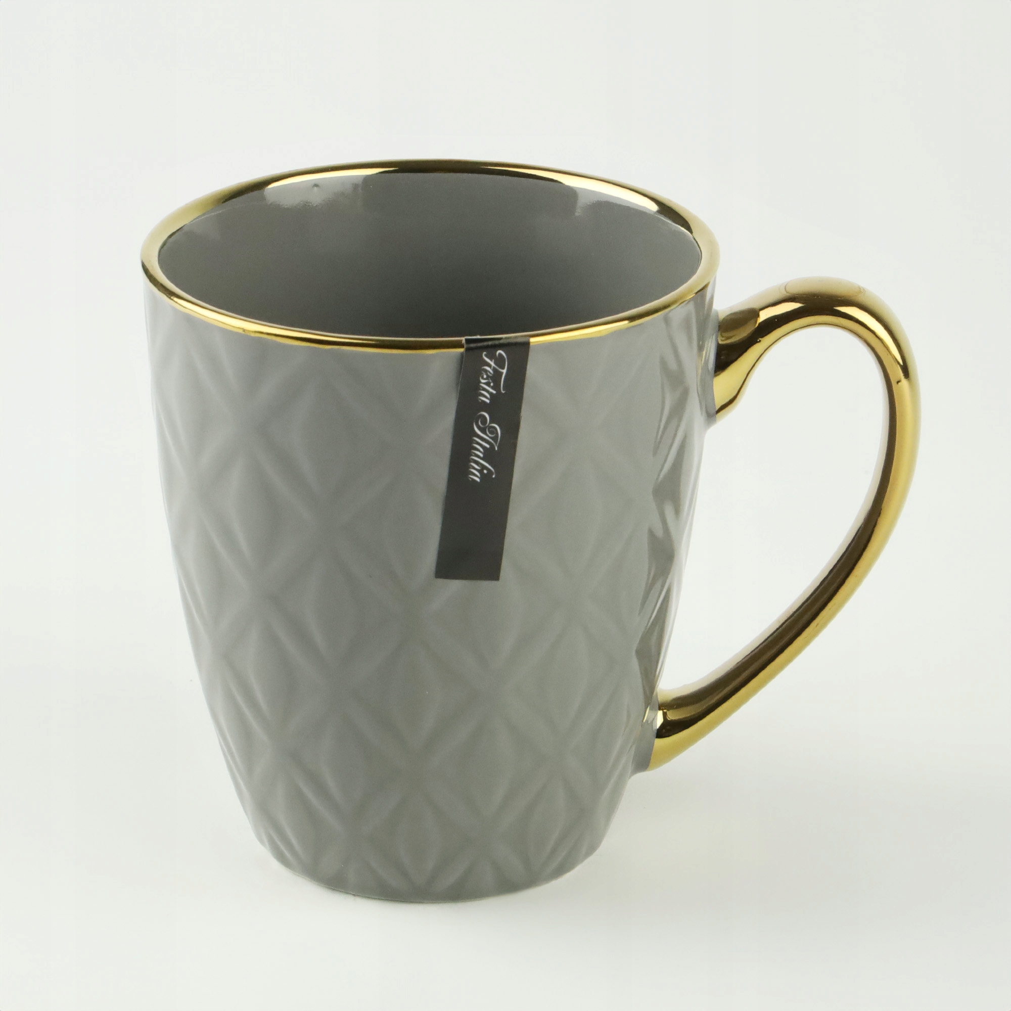 PORCELANOWY KUBEK NA KAWĘ HERBATĘ SZARY ZDOBIONY ZE ZŁOTYM UCHEM 360ML