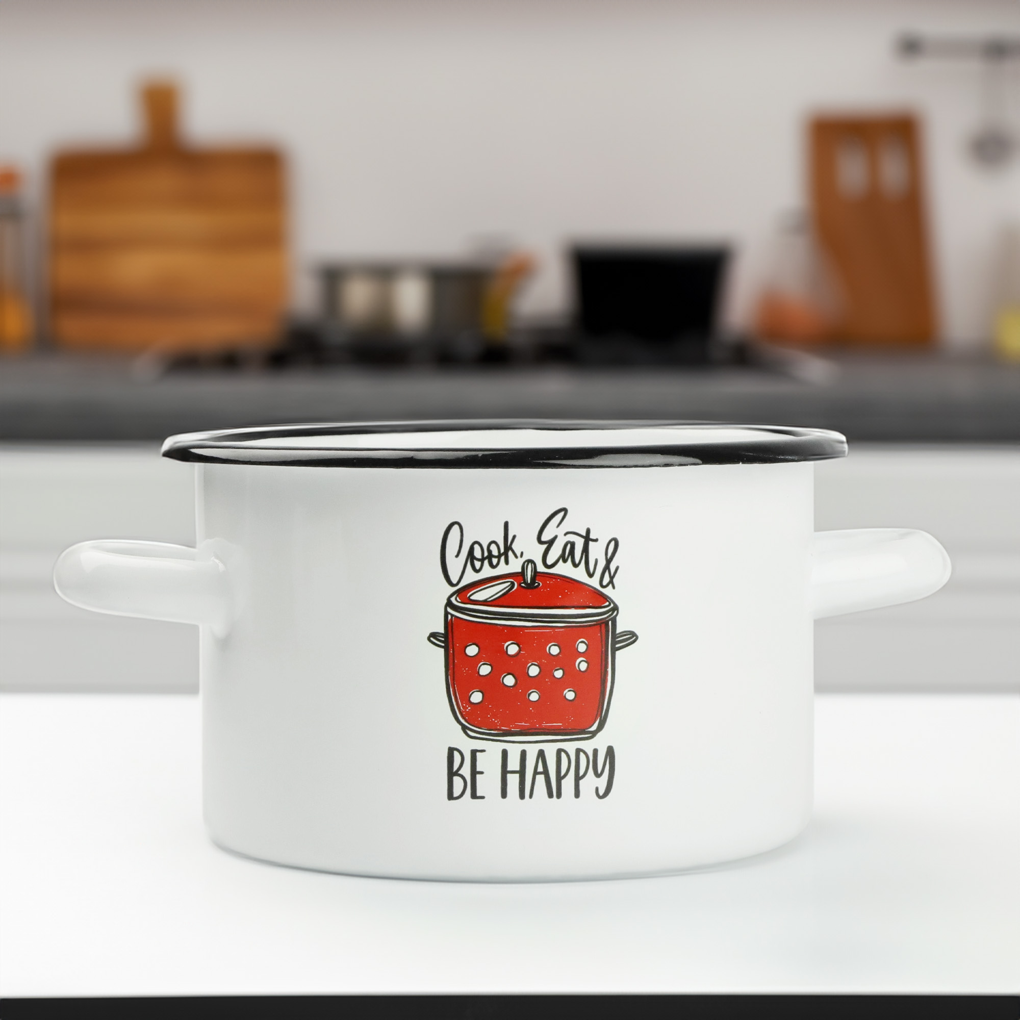 GARNEK TRADYCYJNY EMALIOWANY 3L BIAŁY PROSTY GAZ INDUKCJA WZÓR BE HAPPY