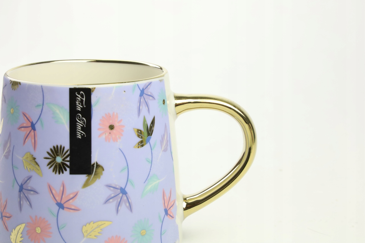 KUBEK PORCELANOWY DO KAWY HERBATY WZÓR KWIATY 400ML ZE ZŁOTYM UCHEM