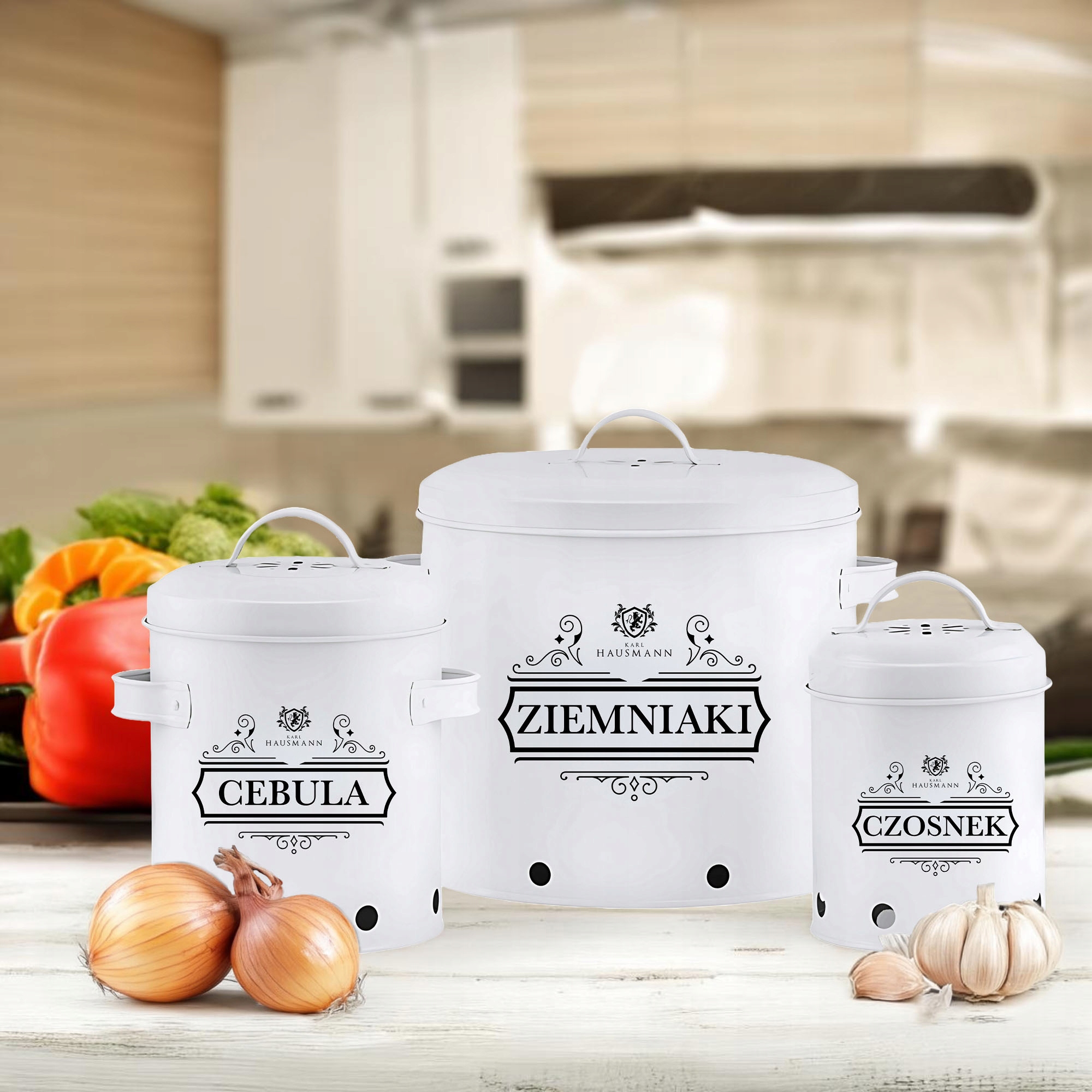 KOMPLET 3 POJEMNIKI METALOWE NA PRZECHOWYWANIE CEBULI CZOSNKU ZIEMNIAKÓW